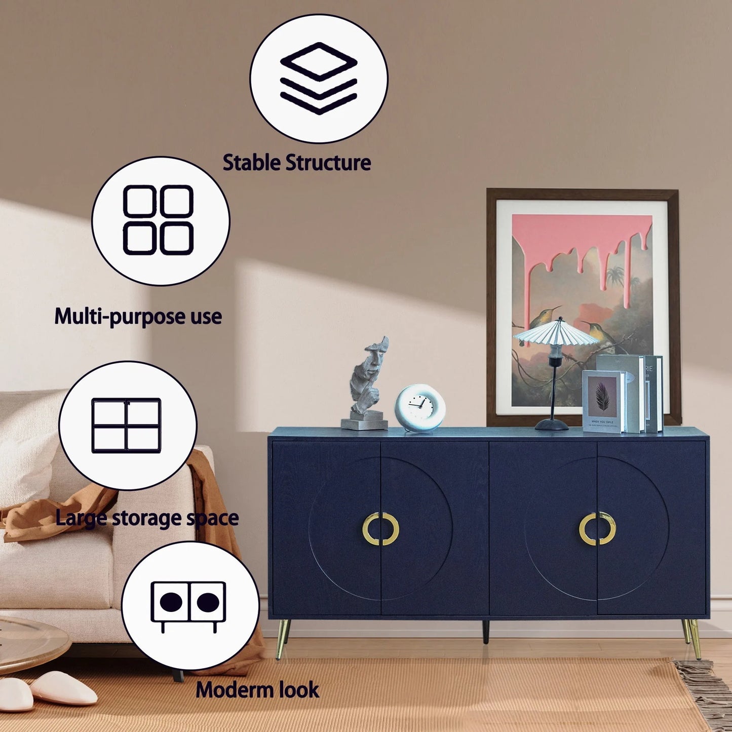 Modern Lacquered 4 Door Wooden Cabinet Sideboard Buffet Server Cabinet Storage Cabinet, for Living Room, Entryway, Hallway, Office, Kitchen and Dining Room, Navy Blue detail view 7