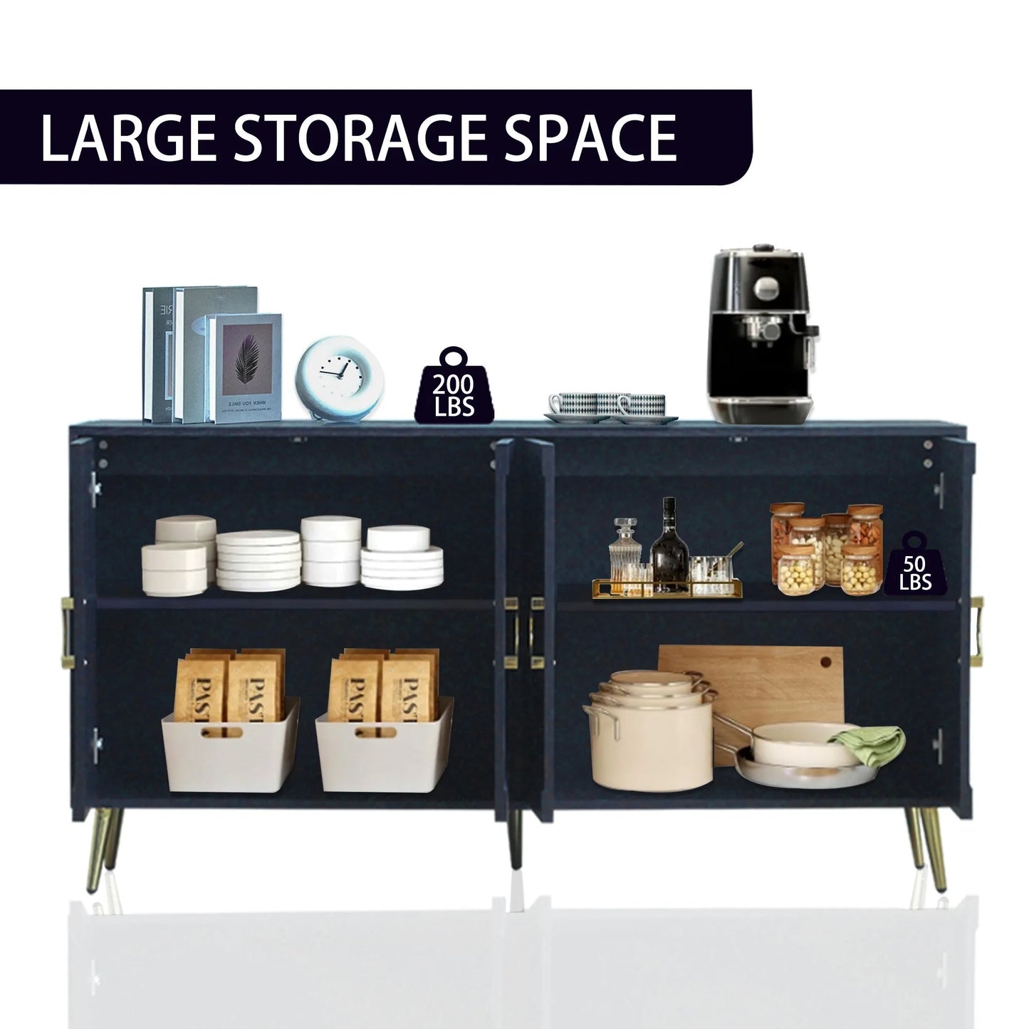 Modern Lacquered 4 Door Wooden Cabinet Sideboard Buffet Server Cabinet Storage Cabinet, for Living Room, Entryway, Hallway, Office, Kitchen and Dining Room, Navy Blue detail view 8