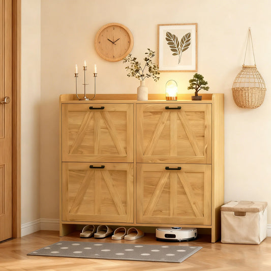 Light Oak Rustic Barn-Door Shoe Cabinet with 4 Flip Drawers, Sleek Space-Saving Entryway Organizer for Living Room lifestyle view