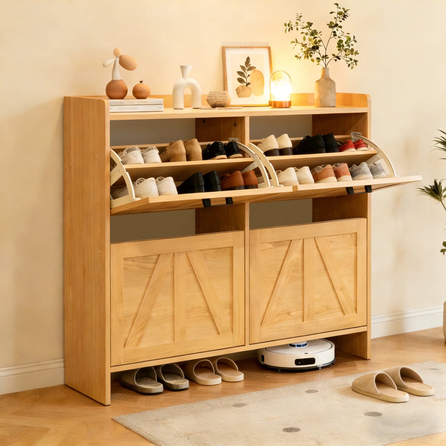 Light Oak Rustic Barn-Door Shoe Cabinet with 4 Flip Drawers, Sleek Space-Saving Entryway Organizer for Living Room detail view 2
