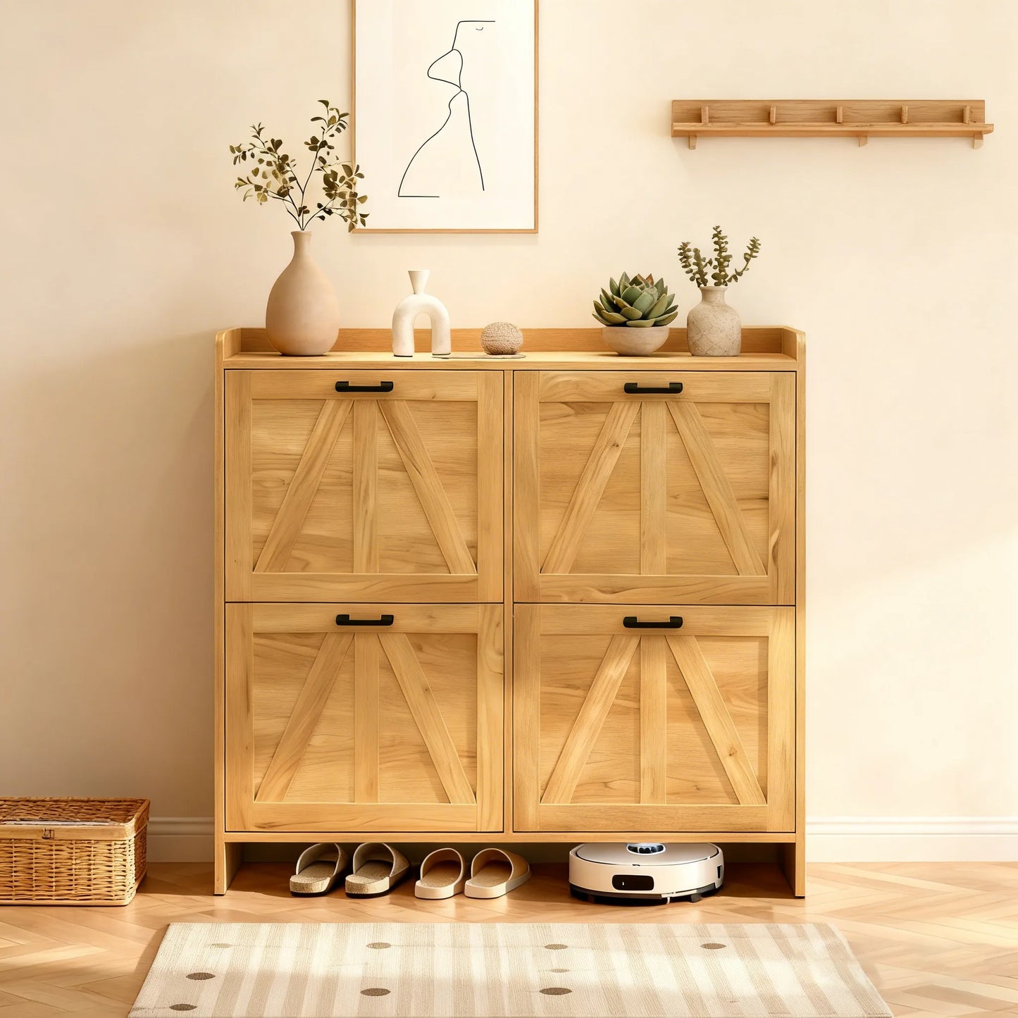 Light Oak Rustic Barn-Door Shoe Cabinet with 4 Flip Drawers, Sleek Space-Saving Entryway Organizer for Living Room detail view 3