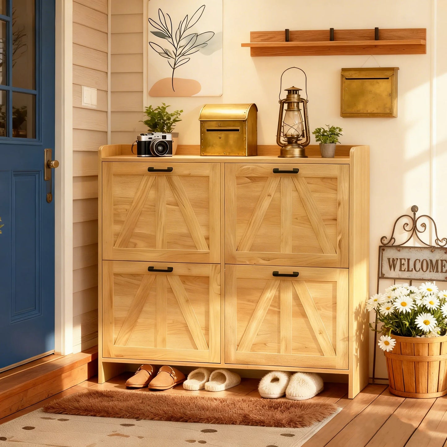 Light Oak Rustic Barn-Door Shoe Cabinet with 4 Flip Drawers, Sleek Space-Saving Entryway Organizer for Living Room detail view 4
