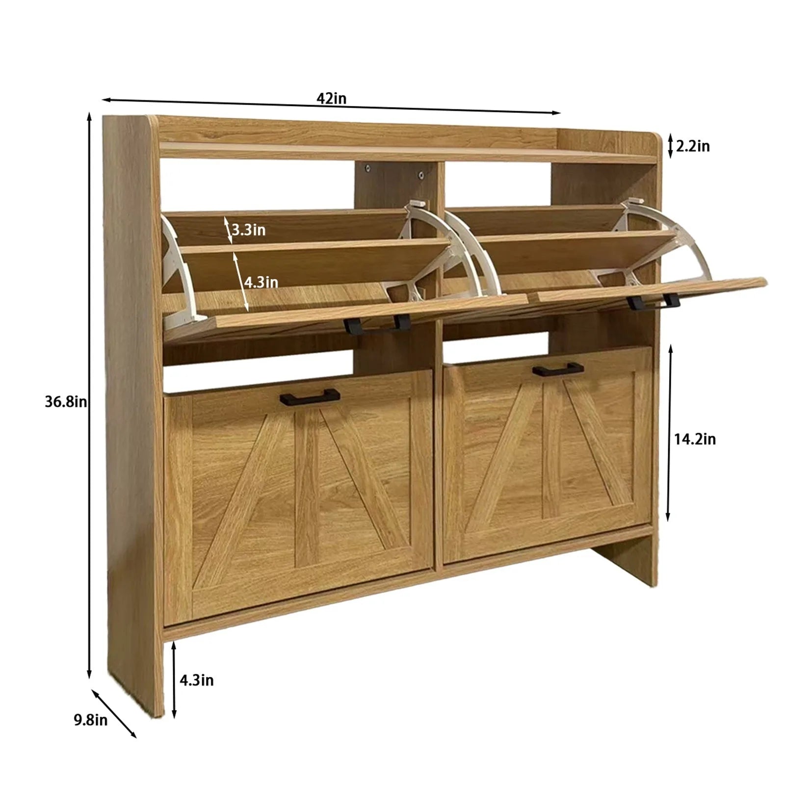 Light Oak Rustic Barn-Door Shoe Cabinet with 4 Flip Drawers, Sleek Space-Saving Entryway Organizer for Living Room detail view 5