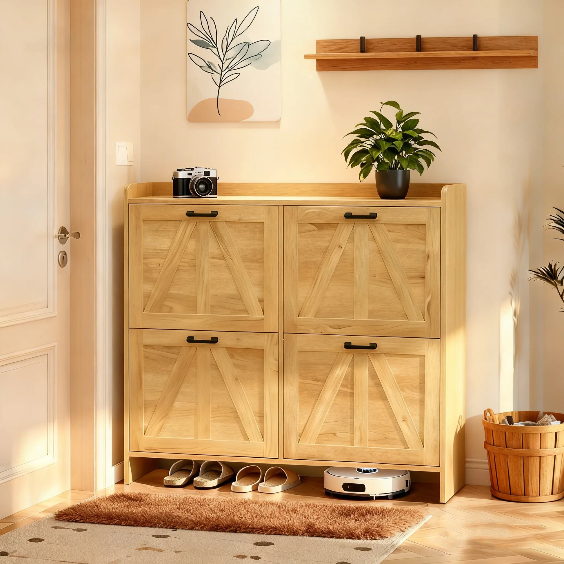Light Oak Rustic Barn-Door Shoe Cabinet with 4 Flip Drawers, Sleek Space-Saving Entryway Organizer for Living Room detail view 6