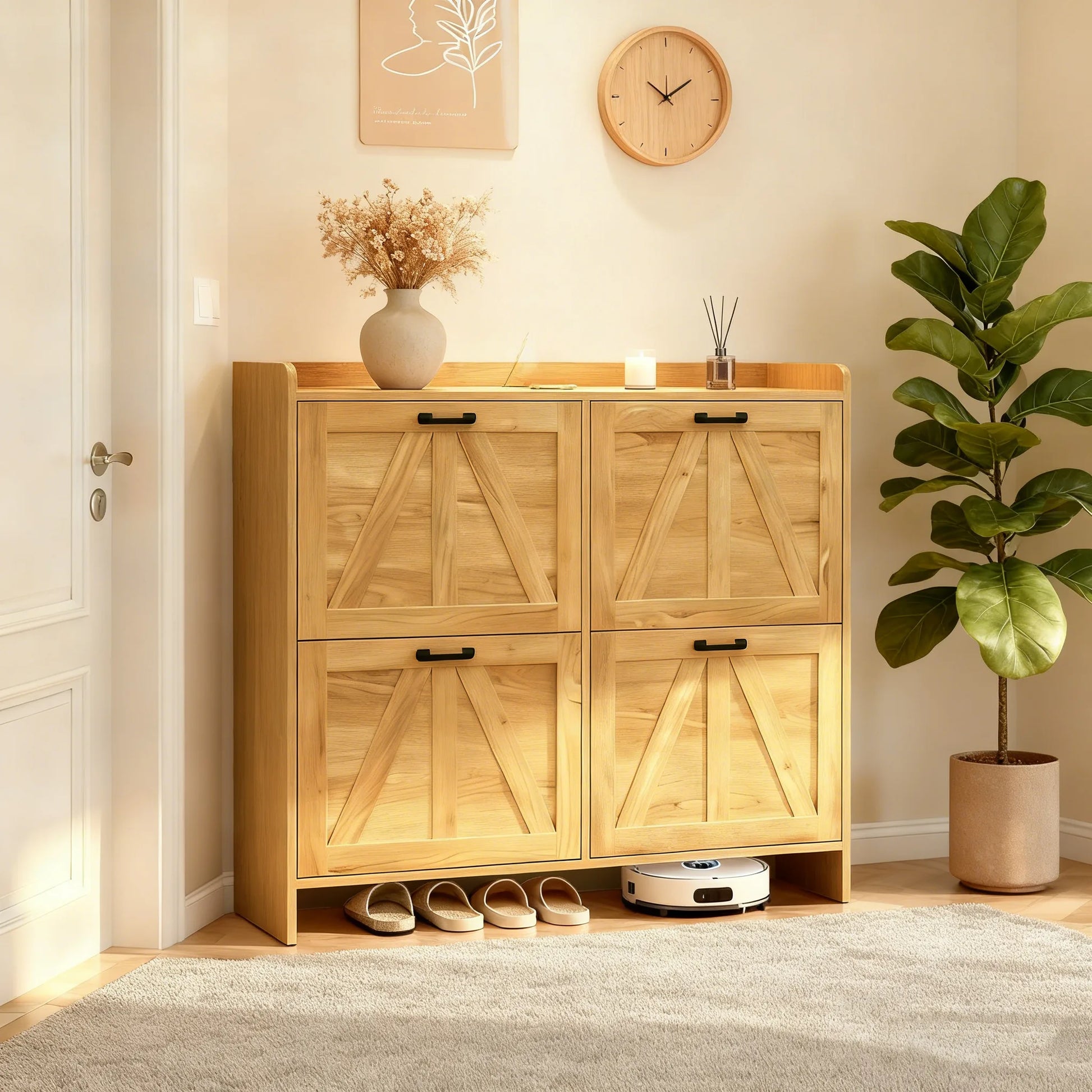 Light Oak Rustic Barn-Door Shoe Cabinet with 4 Flip Drawers, Sleek Space-Saving Entryway Organizer for Living Room detail view 7