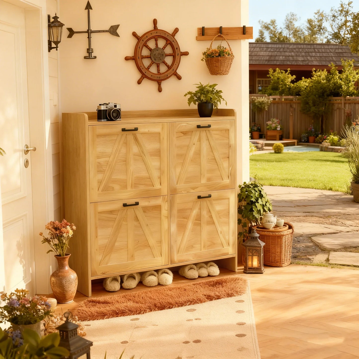 Light Oak Rustic Barn-Door Shoe Cabinet with 4 Flip Drawers, Sleek Space-Saving Entryway Organizer for Living Room detail view 8