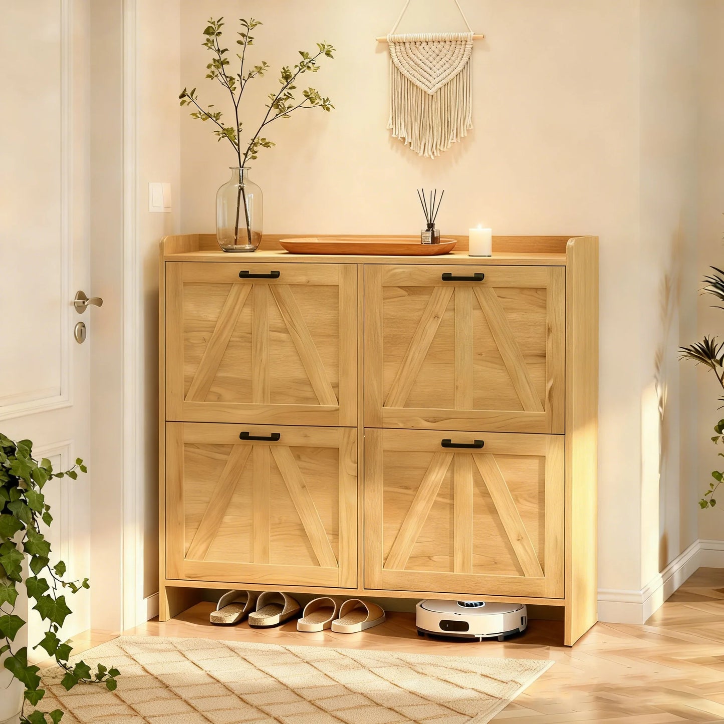 Light Oak Rustic Barn-Door Shoe Cabinet with 4 Flip Drawers, Sleek Space-Saving Entryway Organizer for Living Room detail view 9