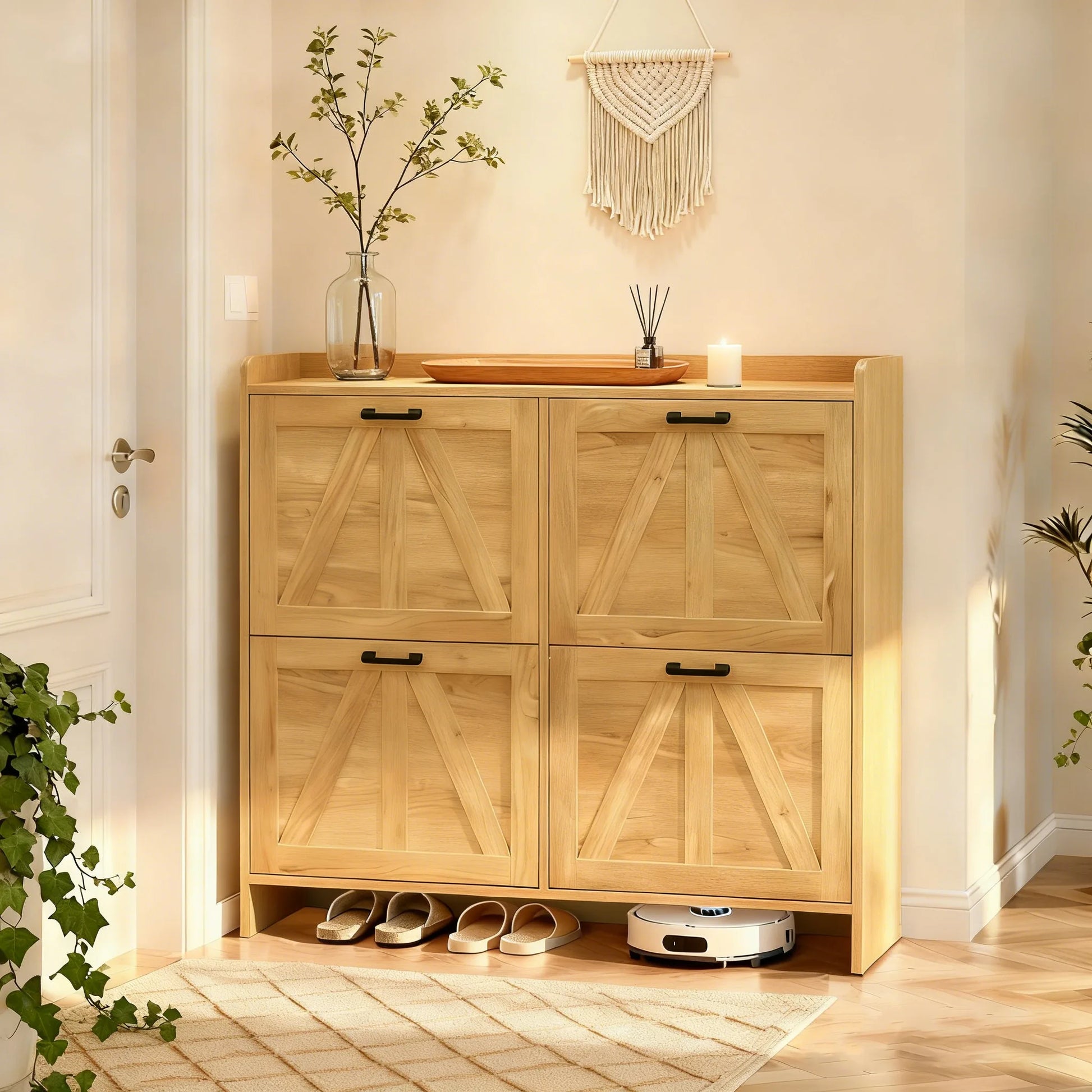 Light Oak Rustic Barn-Door Shoe Cabinet with 4 Flip Drawers, Sleek Space-Saving Entryway Organizer for Living Room detail view 9
