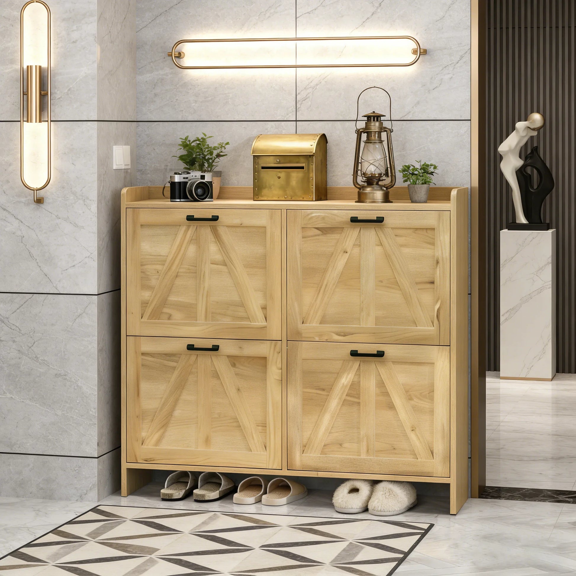 Light Oak Rustic Barn-Door Shoe Cabinet with 4 Flip Drawers, Sleek Space-Saving Entryway Organizer for Living Room detail view 13