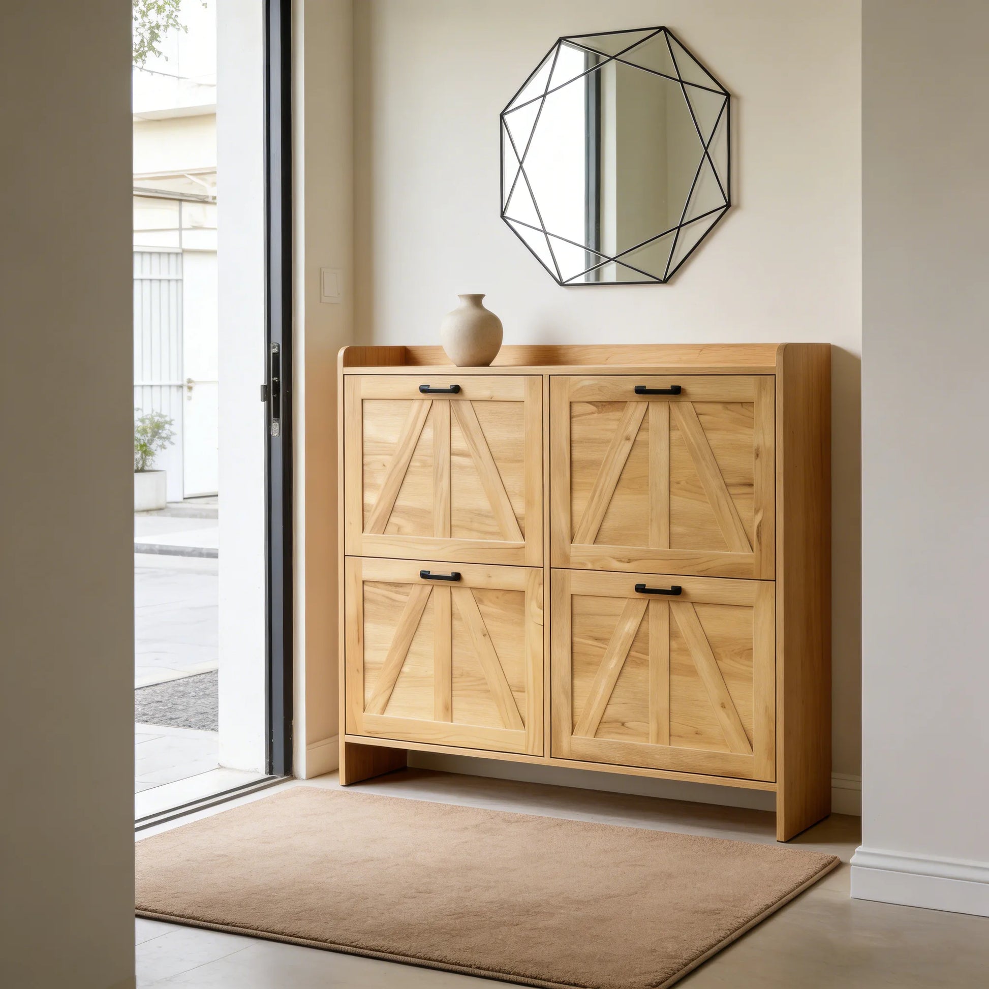 Light Oak Rustic Barn-Door Shoe Cabinet with 4 Flip Drawers, Sleek Space-Saving Entryway Organizer for Living Room detail view 14