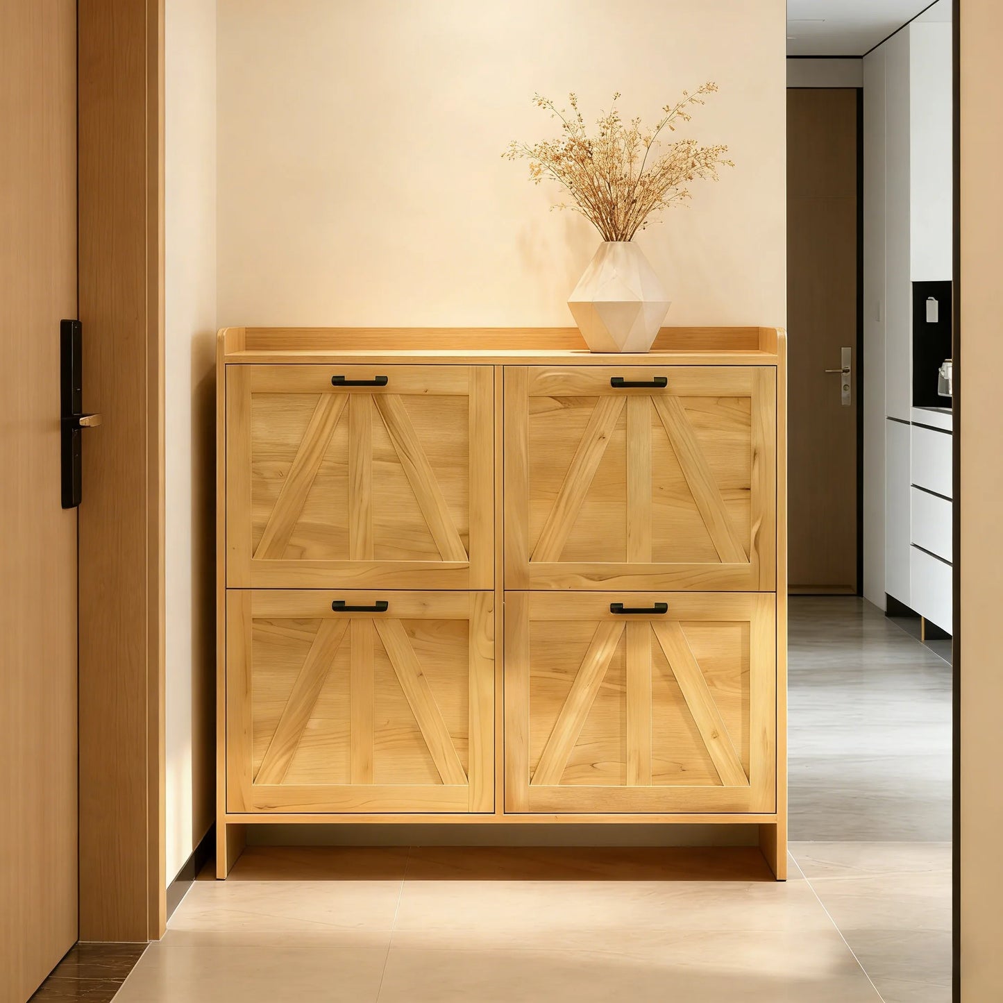 Light Oak Rustic Barn-Door Shoe Cabinet with 4 Flip Drawers, Sleek Space-Saving Entryway Organizer for Living Room detail view 16