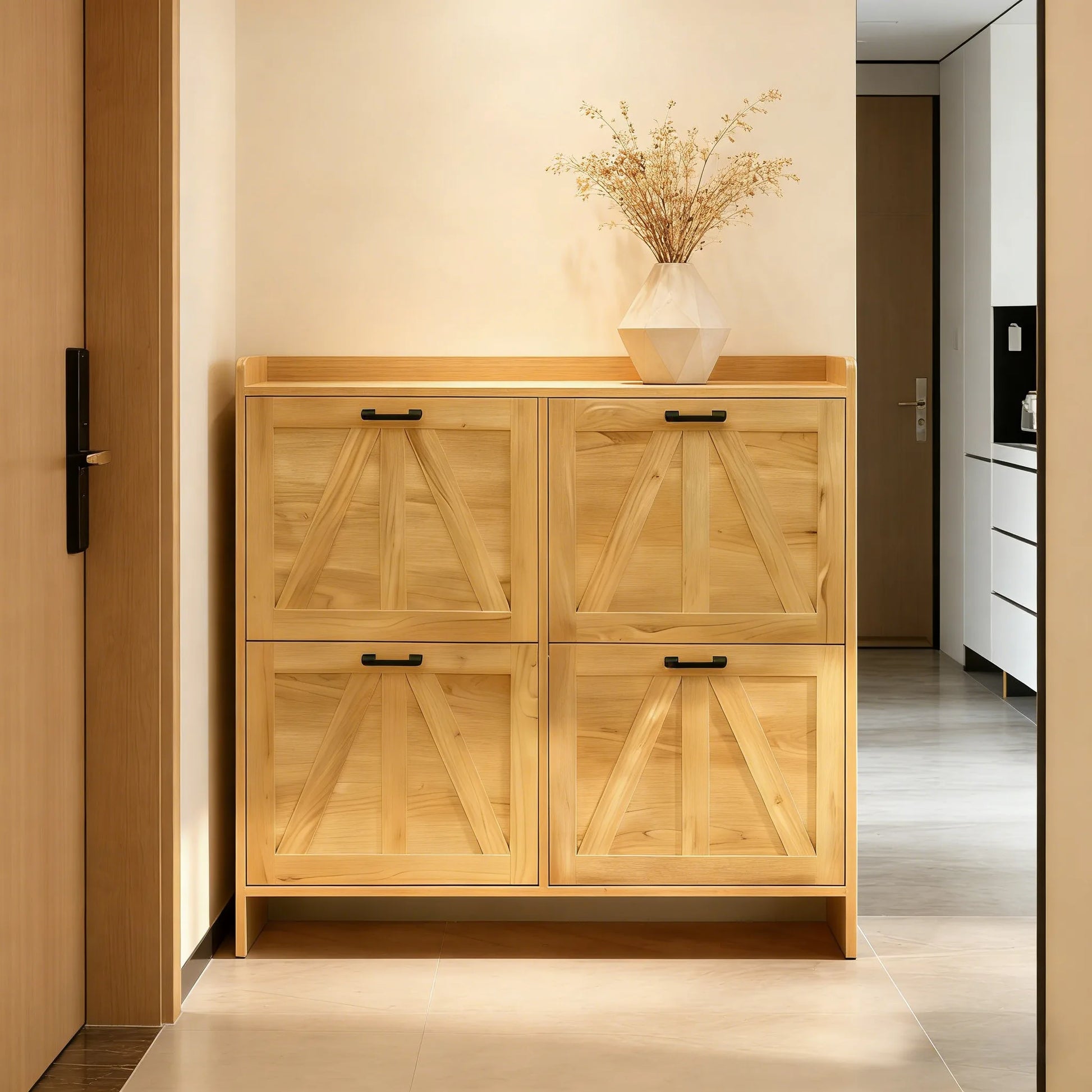 Light Oak Rustic Barn-Door Shoe Cabinet with 4 Flip Drawers, Sleek Space-Saving Entryway Organizer for Living Room detail view 16