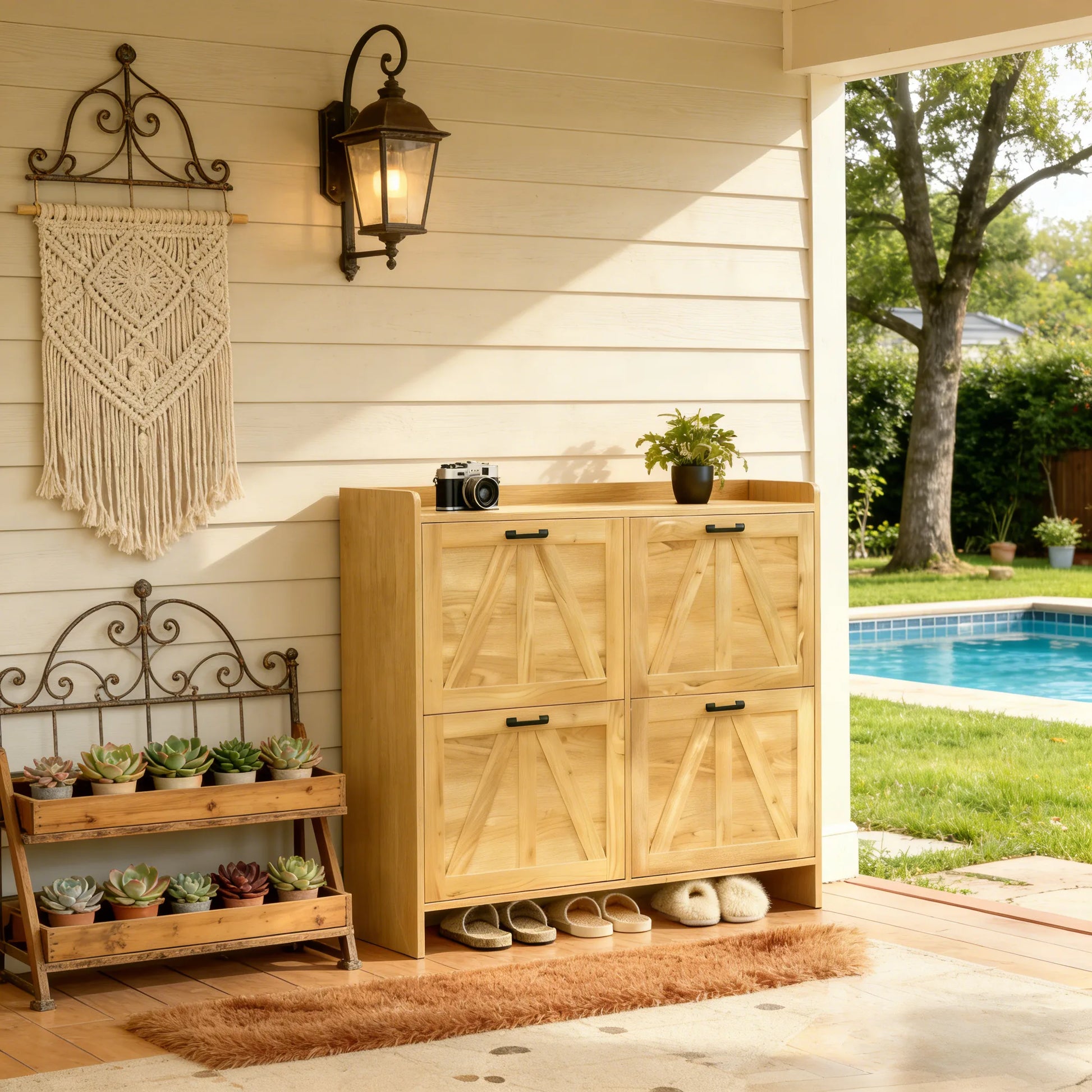 Light Oak Rustic Barn-Door Shoe Cabinet with 4 Flip Drawers, Sleek Space-Saving Entryway Organizer for Living Room detail view 17