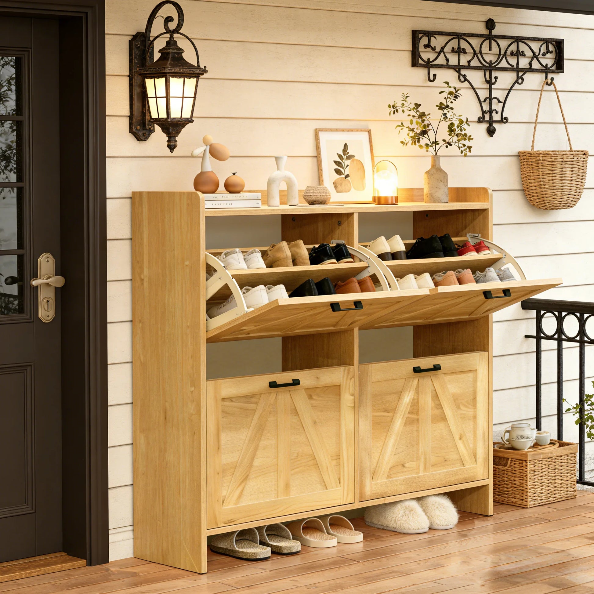 Light Oak Rustic Barn-Door Shoe Cabinet with 4 Flip Drawers, Sleek Space-Saving Entryway Organizer for Living Room detail view 18