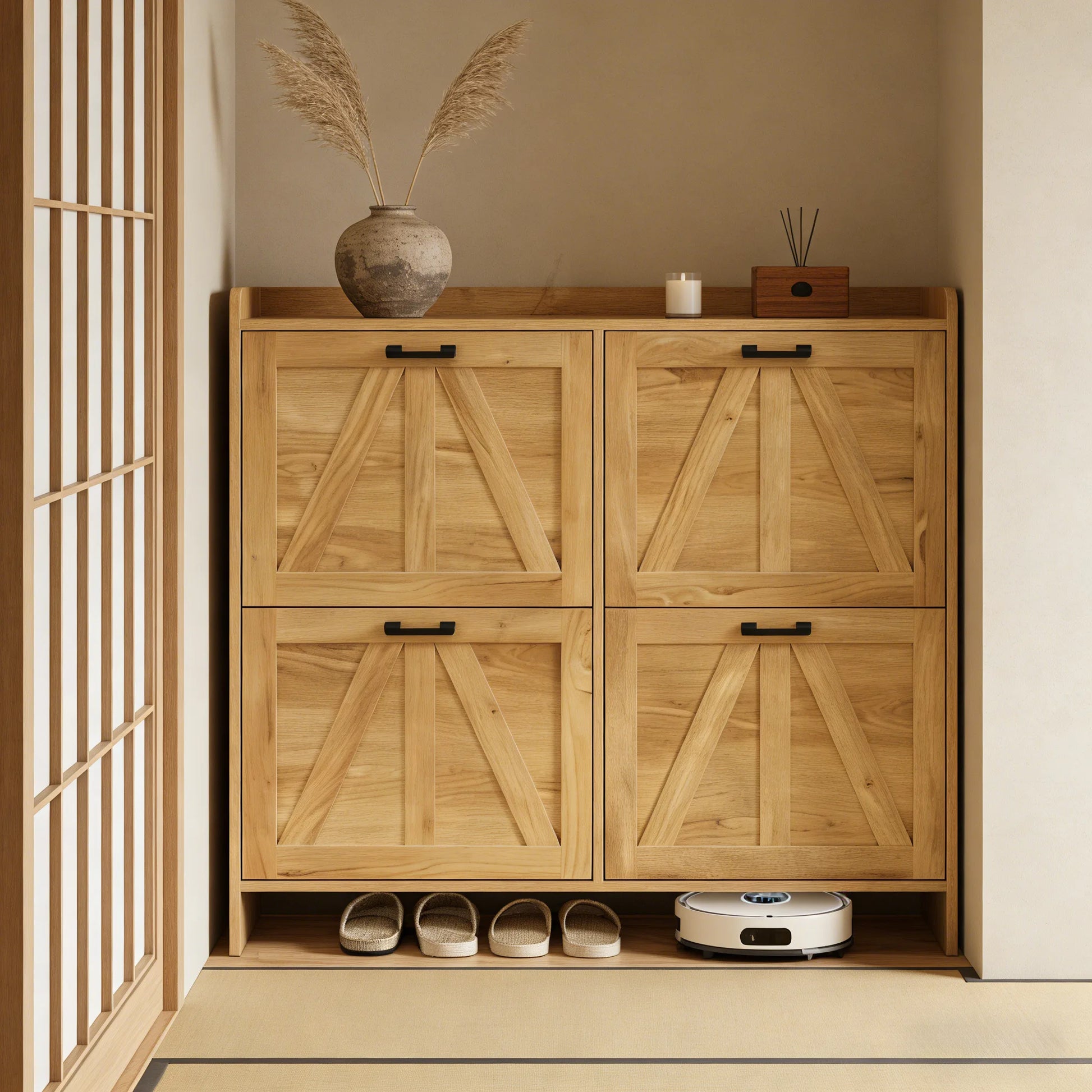 Light Oak Rustic Barn-Door Shoe Cabinet with 4 Flip Drawers, Sleek Space-Saving Entryway Organizer for Living Room detail view 19