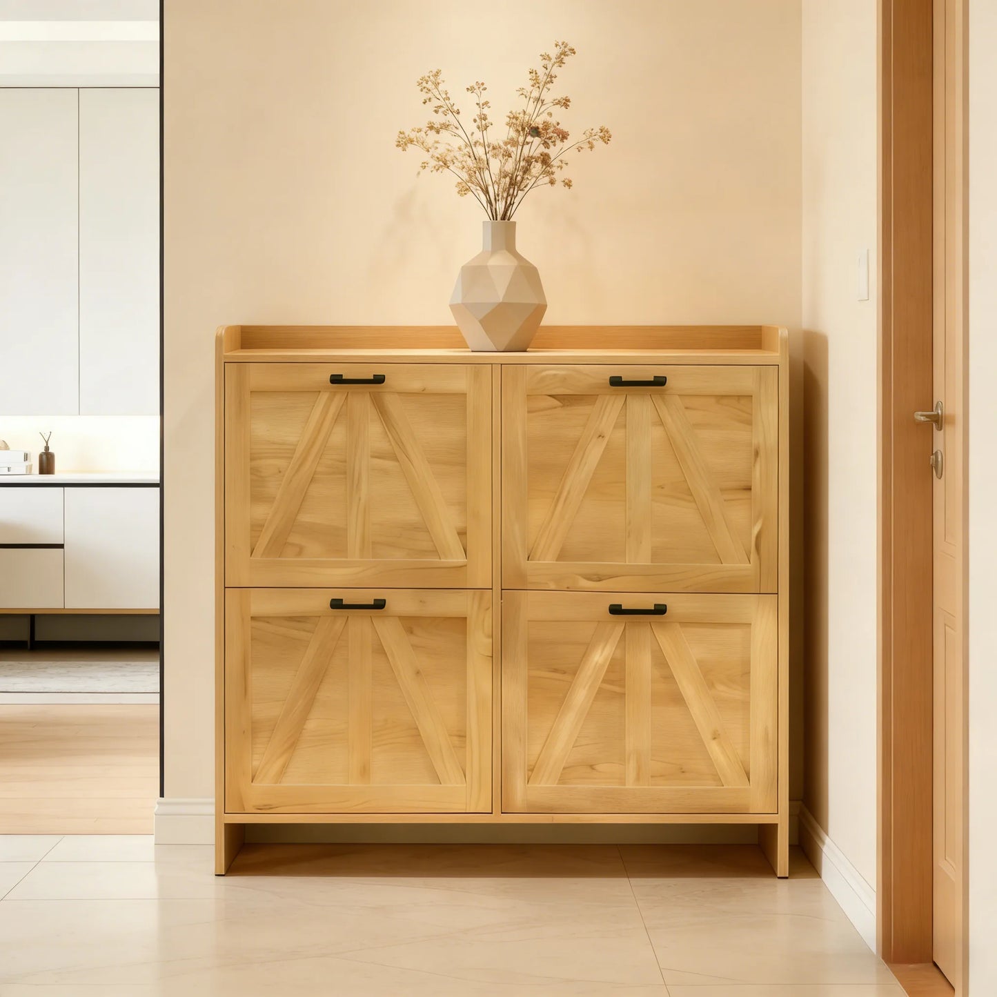 Light Oak Rustic Barn-Door Shoe Cabinet with 4 Flip Drawers, Sleek Space-Saving Entryway Organizer for Living Room detail view 20