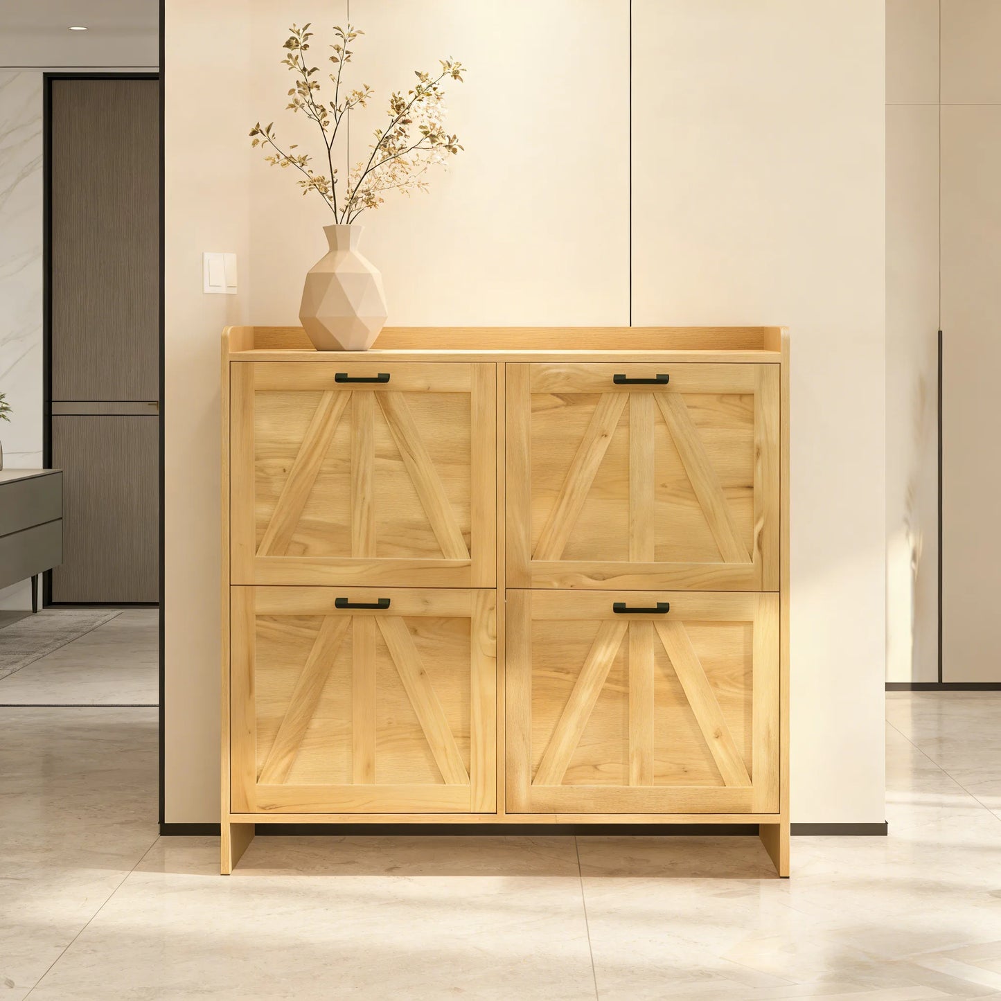 Light Oak Rustic Barn-Door Shoe Cabinet with 4 Flip Drawers, Sleek Space-Saving Entryway Organizer for Living Room detail view 21