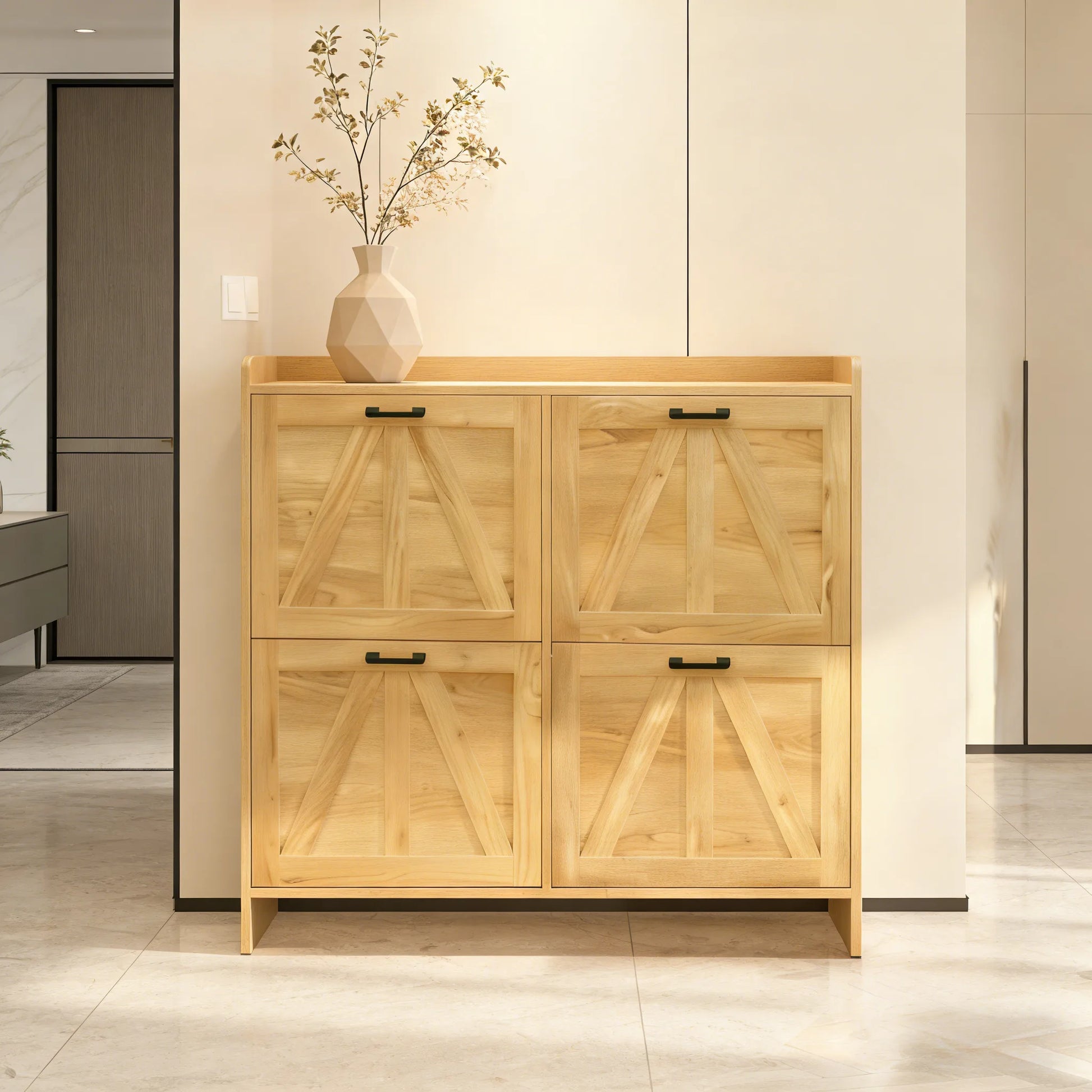 Light Oak Rustic Barn-Door Shoe Cabinet with 4 Flip Drawers, Sleek Space-Saving Entryway Organizer for Living Room detail view 21