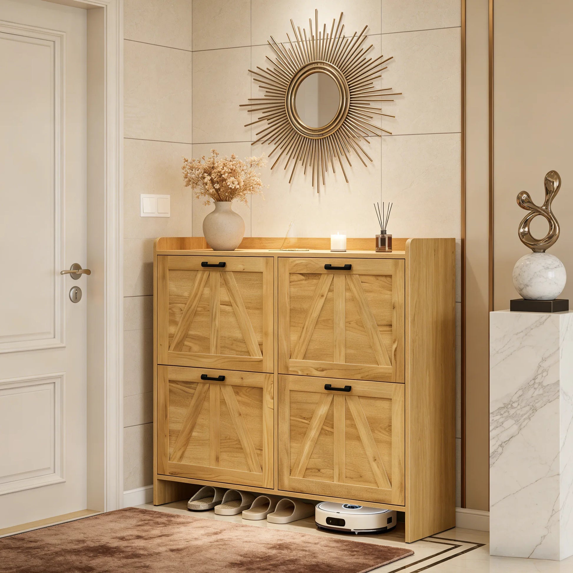 Light Oak Rustic Barn-Door Shoe Cabinet with 4 Flip Drawers, Sleek Space-Saving Entryway Organizer for Living Room detail view 22