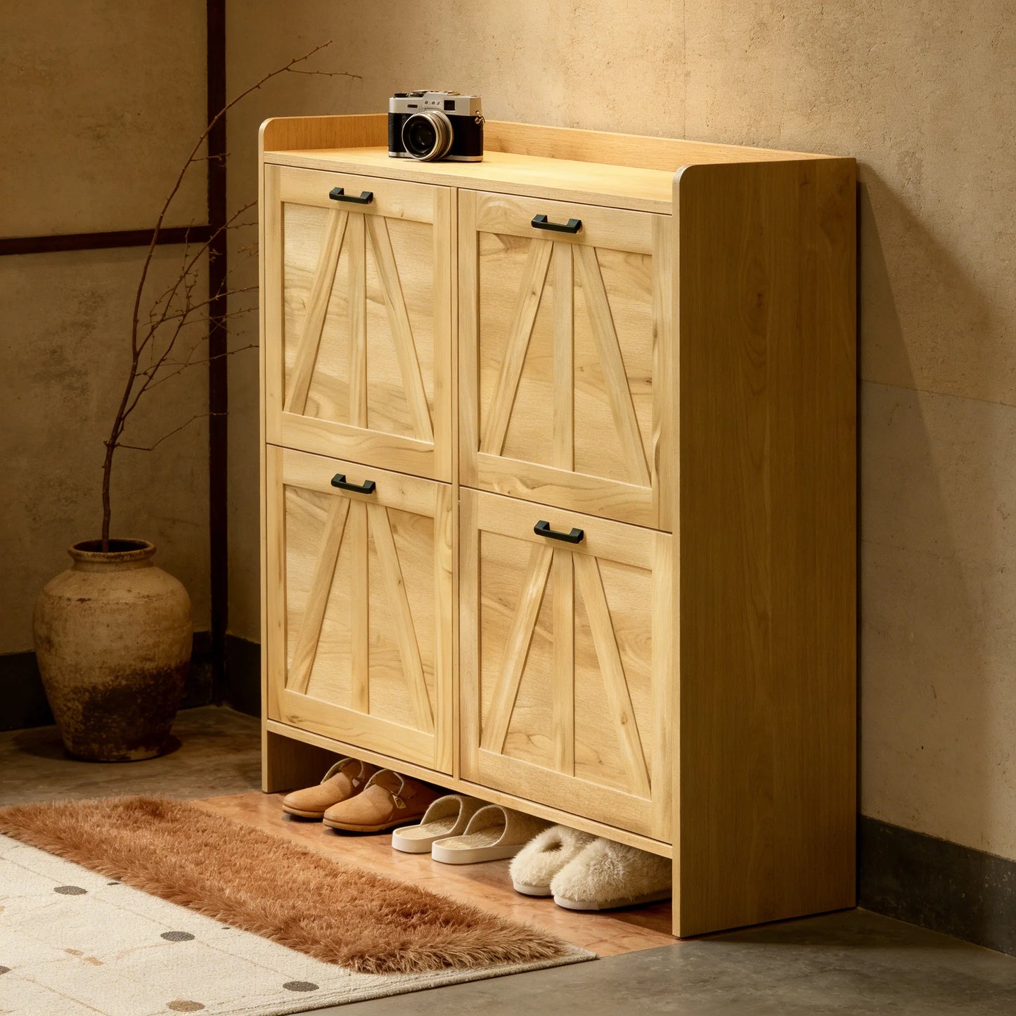 Light Oak Rustic Barn-Door Shoe Cabinet with 4 Flip Drawers, Sleek Space-Saving Entryway Organizer for Living Room detail view 23