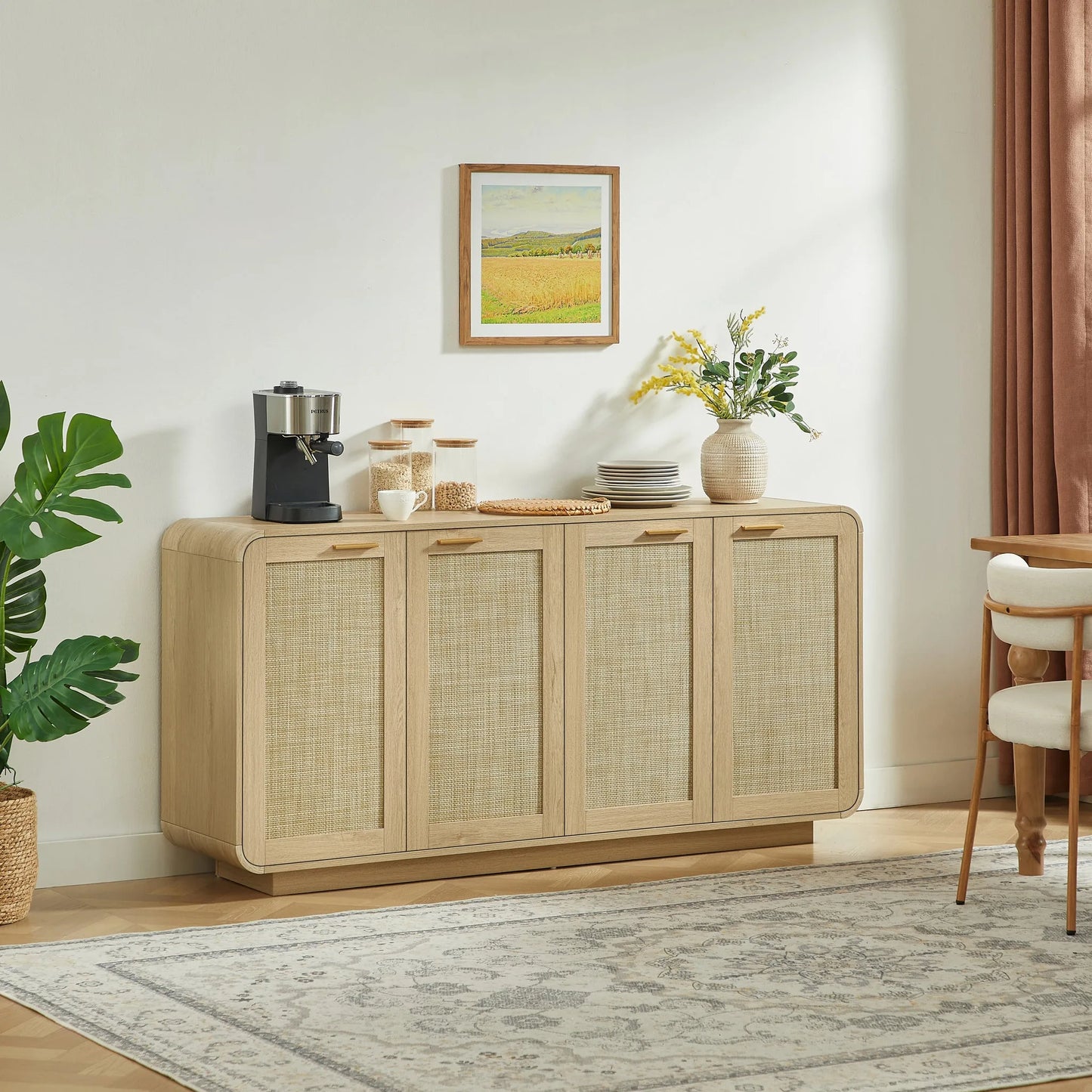 Rattan Storage Sideboard Buffet Cabinet with 4 Doors, Integrated Sturdy Base, Perfect for Living Room, Kitchen and Dining Room, Natural lifestyle view