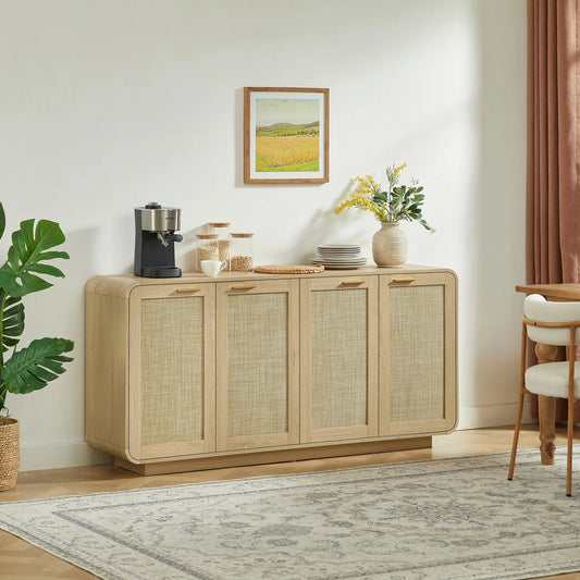 Rattan Storage Sideboard Buffet Cabinet with 4 Doors, Integrated Sturdy Base, Perfect for Living Room, Kitchen and Dining Room, Natural lifestyle view