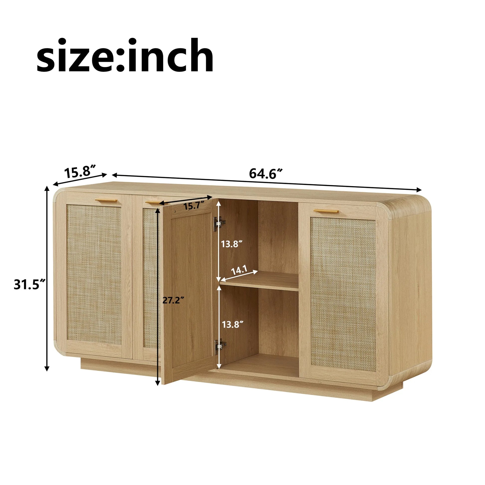 Rattan Storage Sideboard Buffet Cabinet with 4 Doors, Integrated Sturdy Base, Perfect for Living Room, Kitchen and Dining Room, Natural detail view 5
