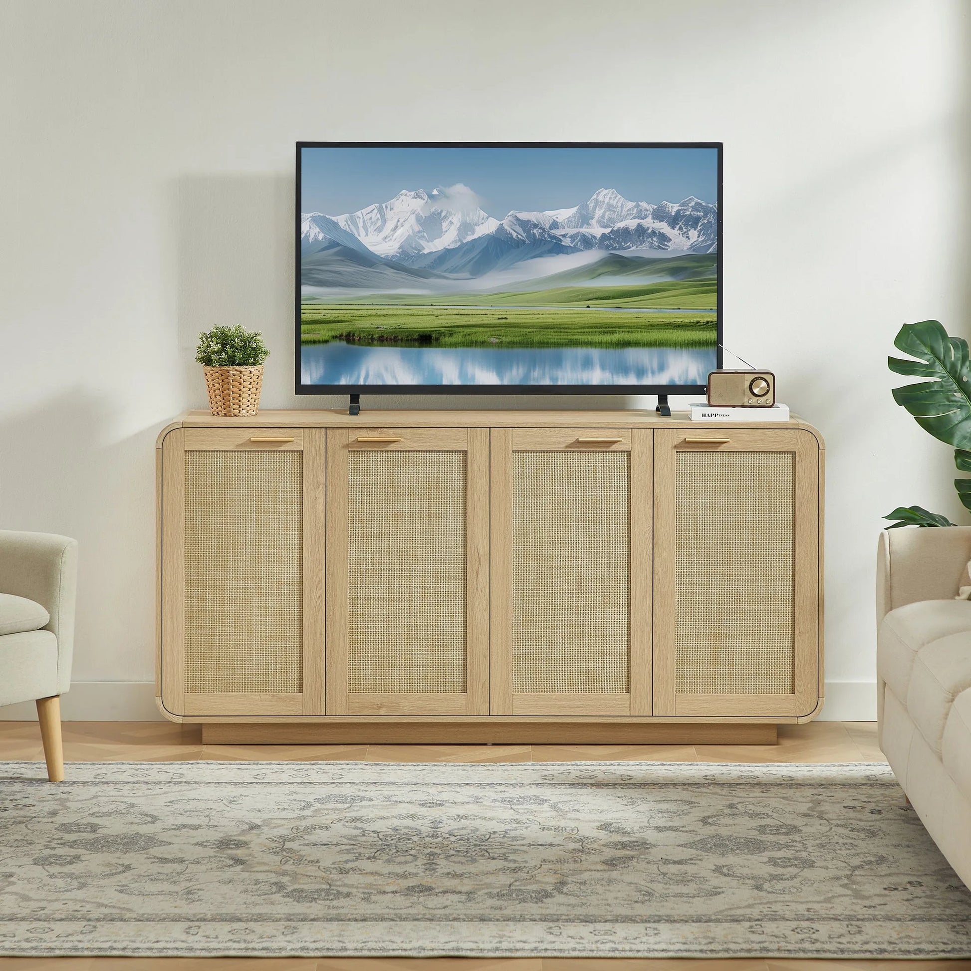 Rattan Storage Sideboard Buffet Cabinet with 4 Doors, Integrated Sturdy Base, Perfect for Living Room, Kitchen and Dining Room, Natural detail view 6