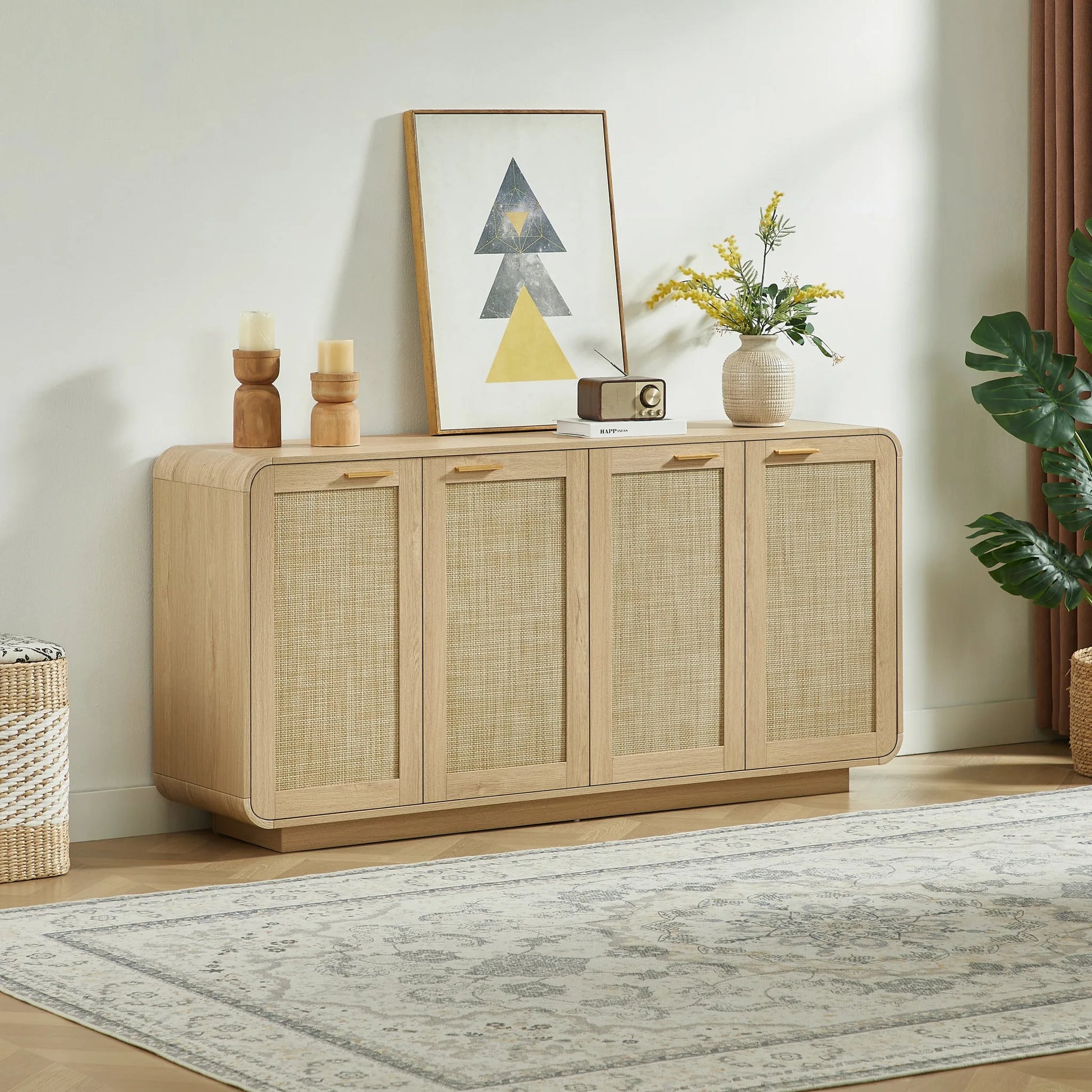 Rattan Storage Sideboard Buffet Cabinet with 4 Doors, Integrated Sturdy Base, Perfect for Living Room, Kitchen and Dining Room, Natural detail view 7