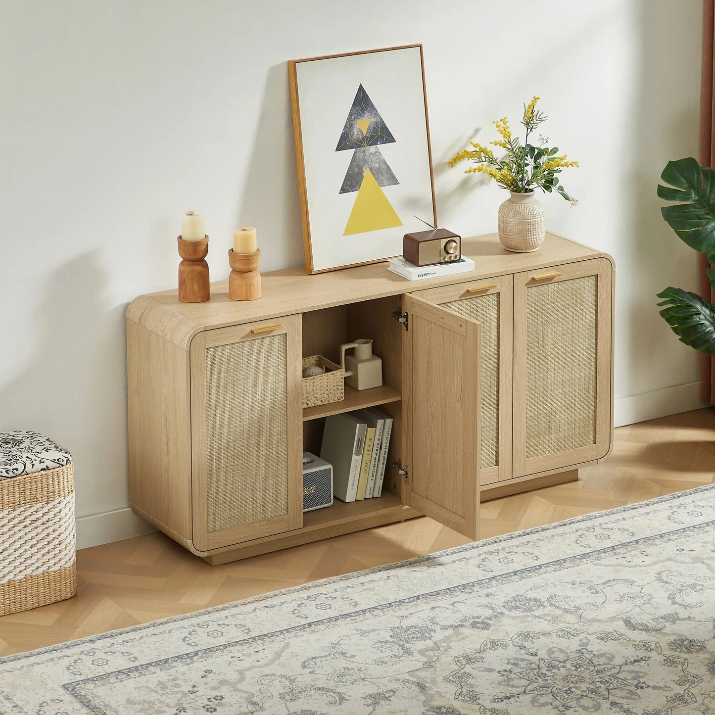 Rattan Storage Sideboard Buffet Cabinet with 4 Doors, Integrated Sturdy Base, Perfect for Living Room, Kitchen and Dining Room, Natural detail view 8
