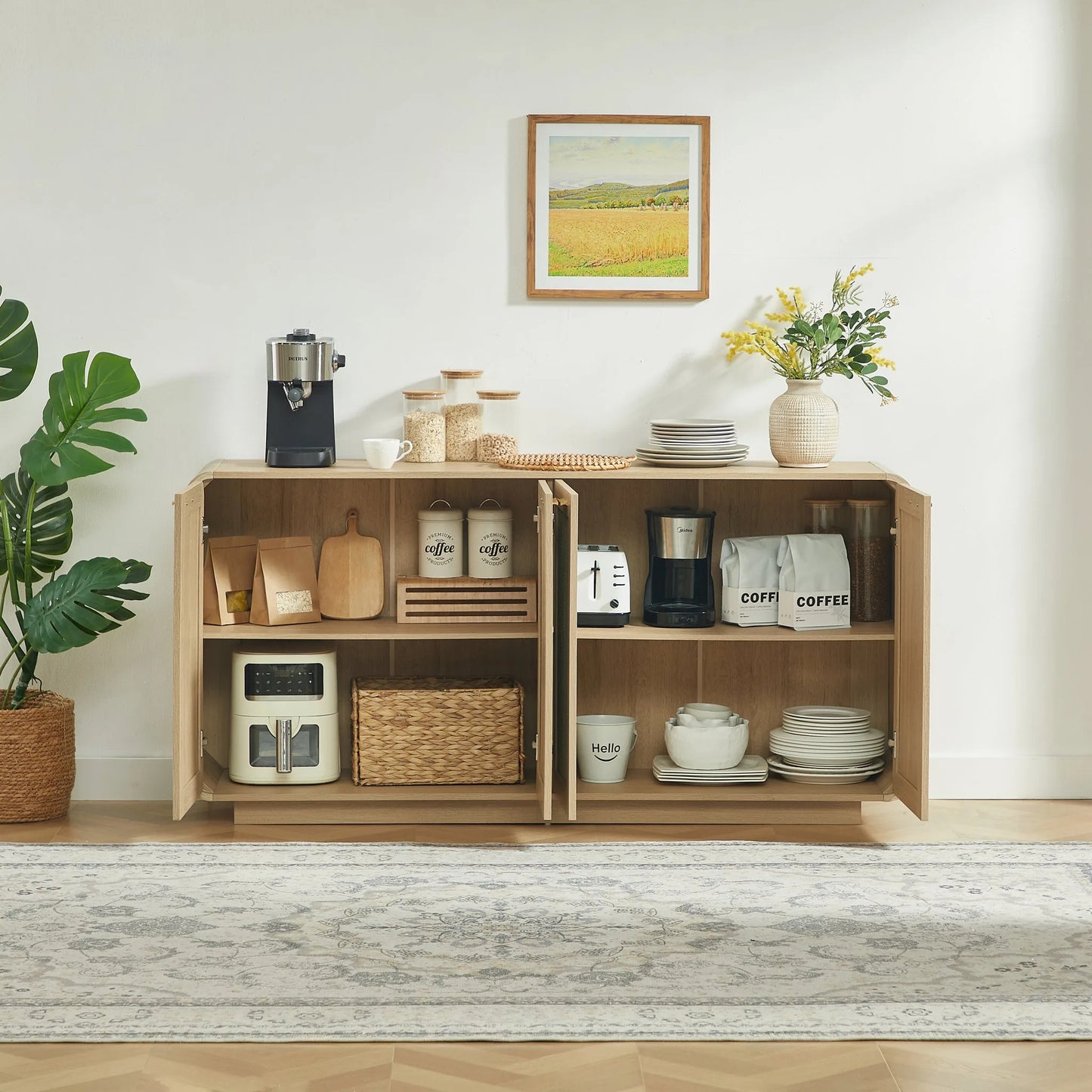 Rattan Storage Sideboard Buffet Cabinet with 4 Doors, Integrated Sturdy Base, Perfect for Living Room, Kitchen and Dining Room, Natural detail view 9