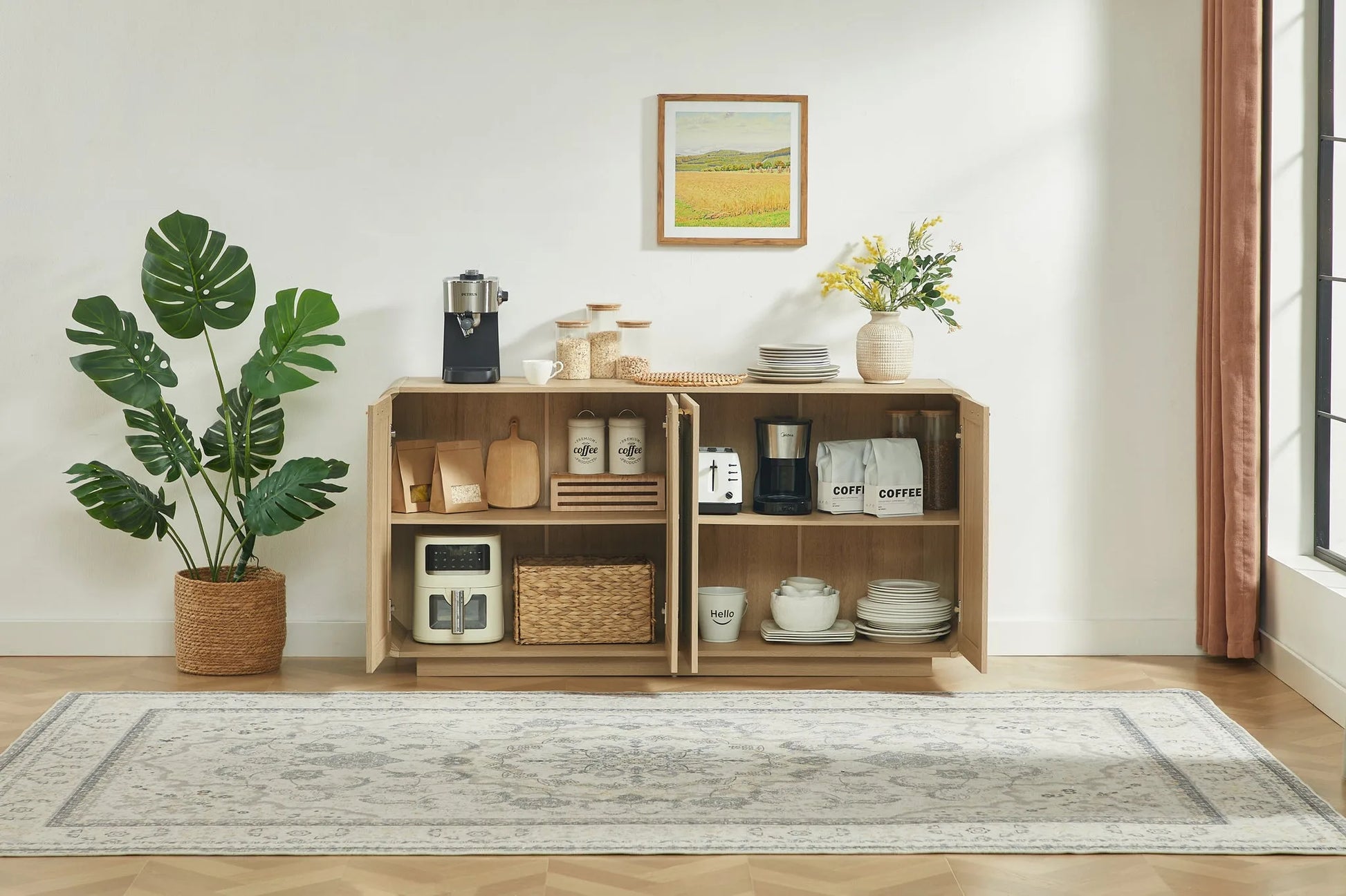 Rattan Storage Sideboard Buffet Cabinet with 4 Doors, Integrated Sturdy Base, Perfect for Living Room, Kitchen and Dining Room, Natural detail view 10