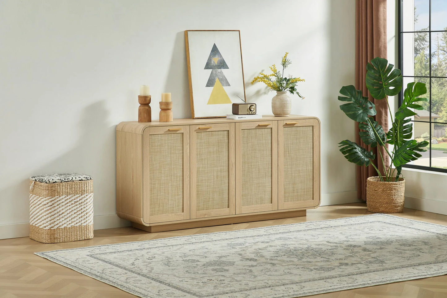 Rattan Storage Sideboard Buffet Cabinet with 4 Doors, Integrated Sturdy Base, Perfect for Living Room, Kitchen and Dining Room, Natural detail view 11