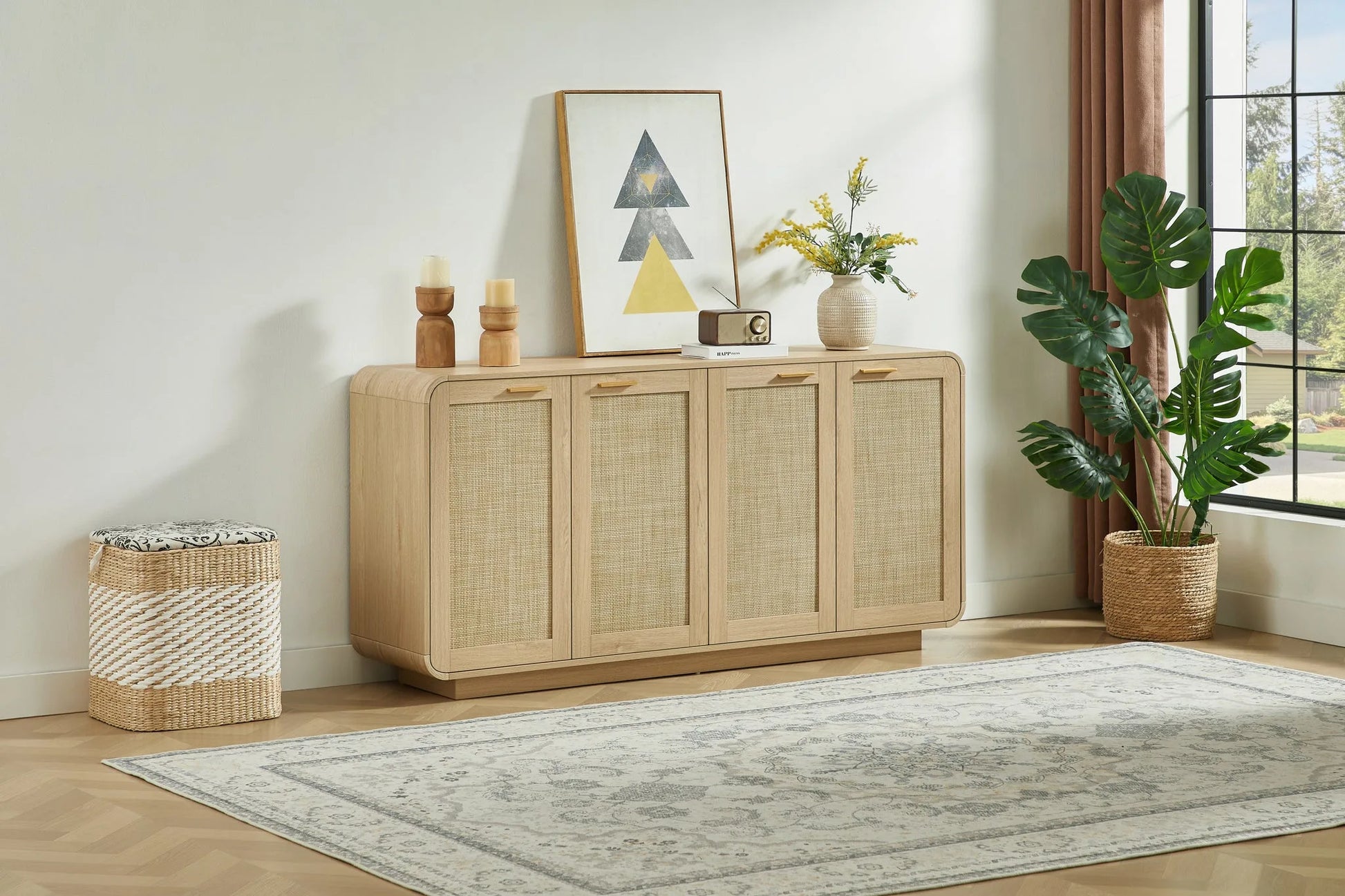 Rattan Storage Sideboard Buffet Cabinet with 4 Doors, Integrated Sturdy Base, Perfect for Living Room, Kitchen and Dining Room, Natural detail view 11