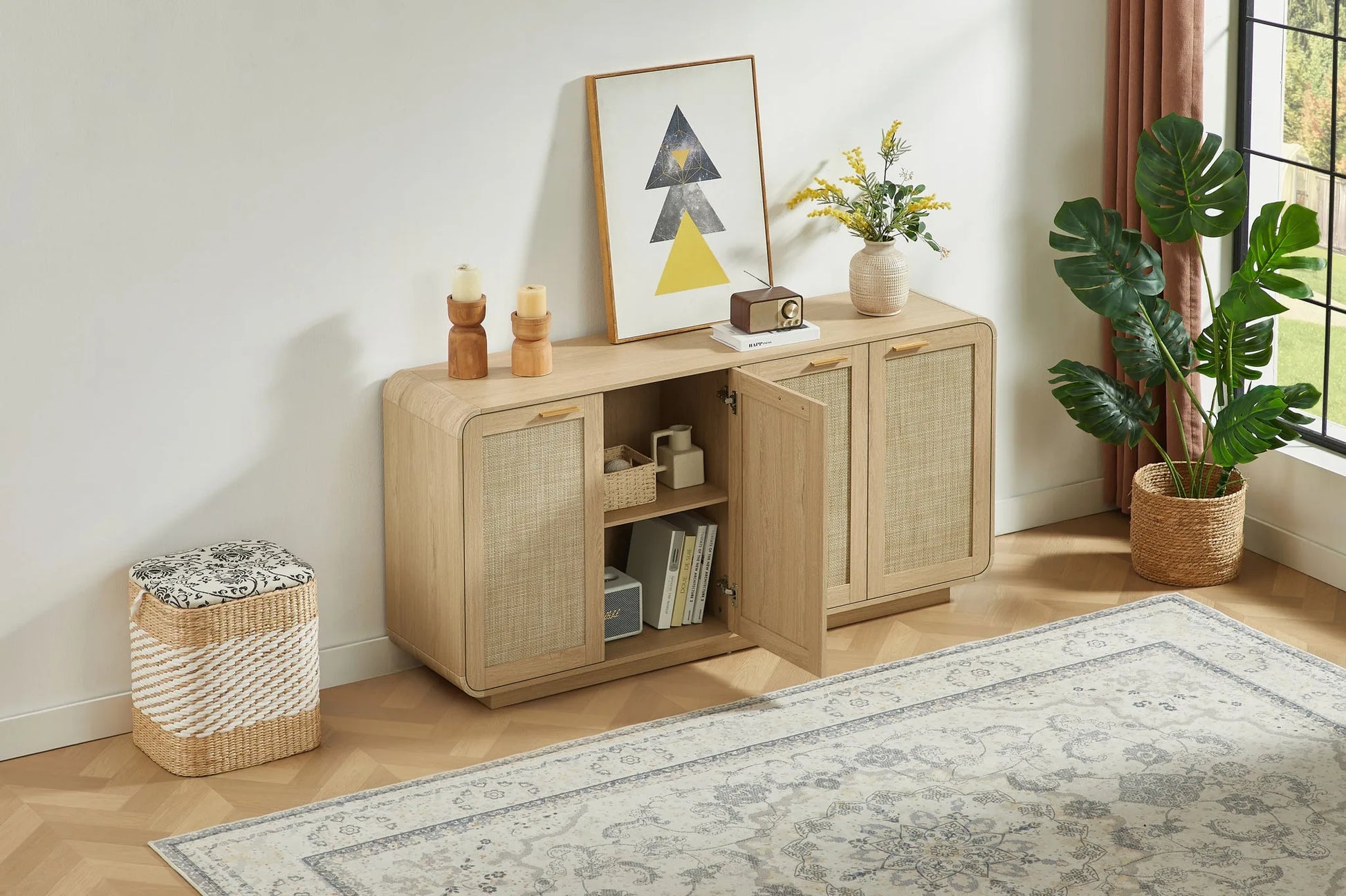 Rattan Storage Sideboard Buffet Cabinet with 4 Doors, Integrated Sturdy Base, Perfect for Living Room, Kitchen and Dining Room, Natural detail view 12
