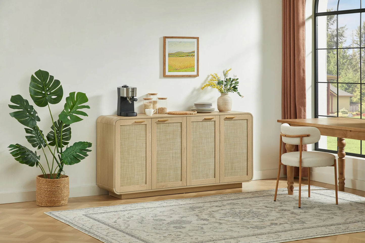Rattan Storage Sideboard Buffet Cabinet with 4 Doors, Integrated Sturdy Base, Perfect for Living Room, Kitchen and Dining Room, Natural detail view 13