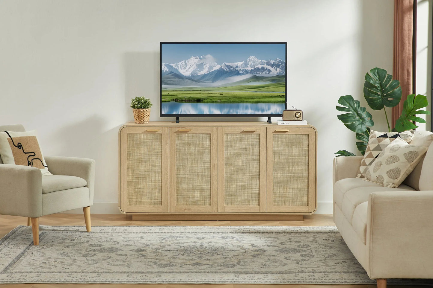 Rattan Storage Sideboard Buffet Cabinet with 4 Doors, Integrated Sturdy Base, Perfect for Living Room, Kitchen and Dining Room, Natural detail view 14