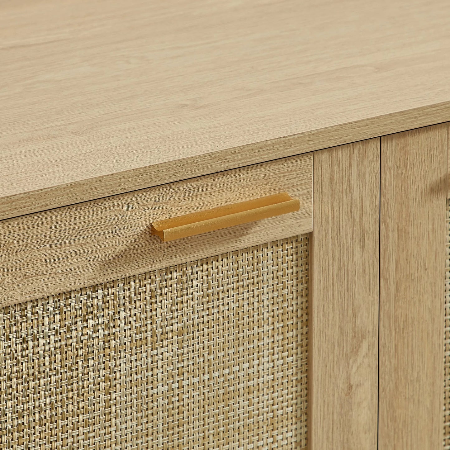 Rattan Storage Sideboard Buffet Cabinet with 4 Doors, Integrated Sturdy Base, Perfect for Living Room, Kitchen and Dining Room, Natural detail view 20