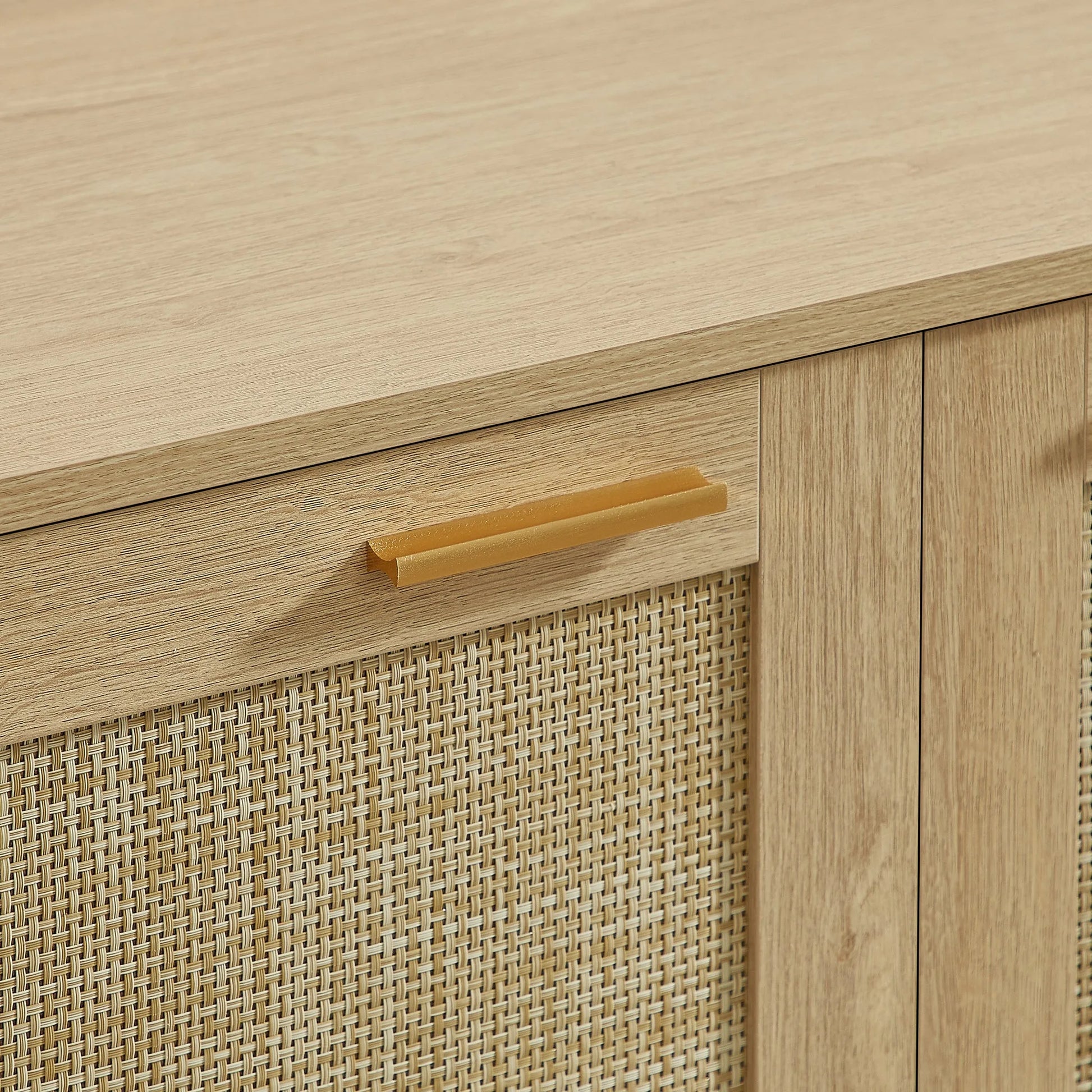 Rattan Storage Sideboard Buffet Cabinet with 4 Doors, Integrated Sturdy Base, Perfect for Living Room, Kitchen and Dining Room, Natural detail view 20