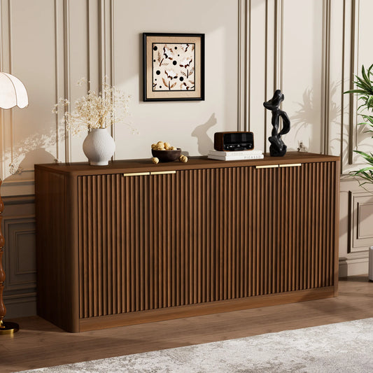 59-inch modern wavy sideboard, curved contour design storage cabinet, 4-door cabinet with storage function, suitable for kitchen/bedroom/living room, Walnut, 59.0'L x 15.7'W x 27.7'H lifestyle view