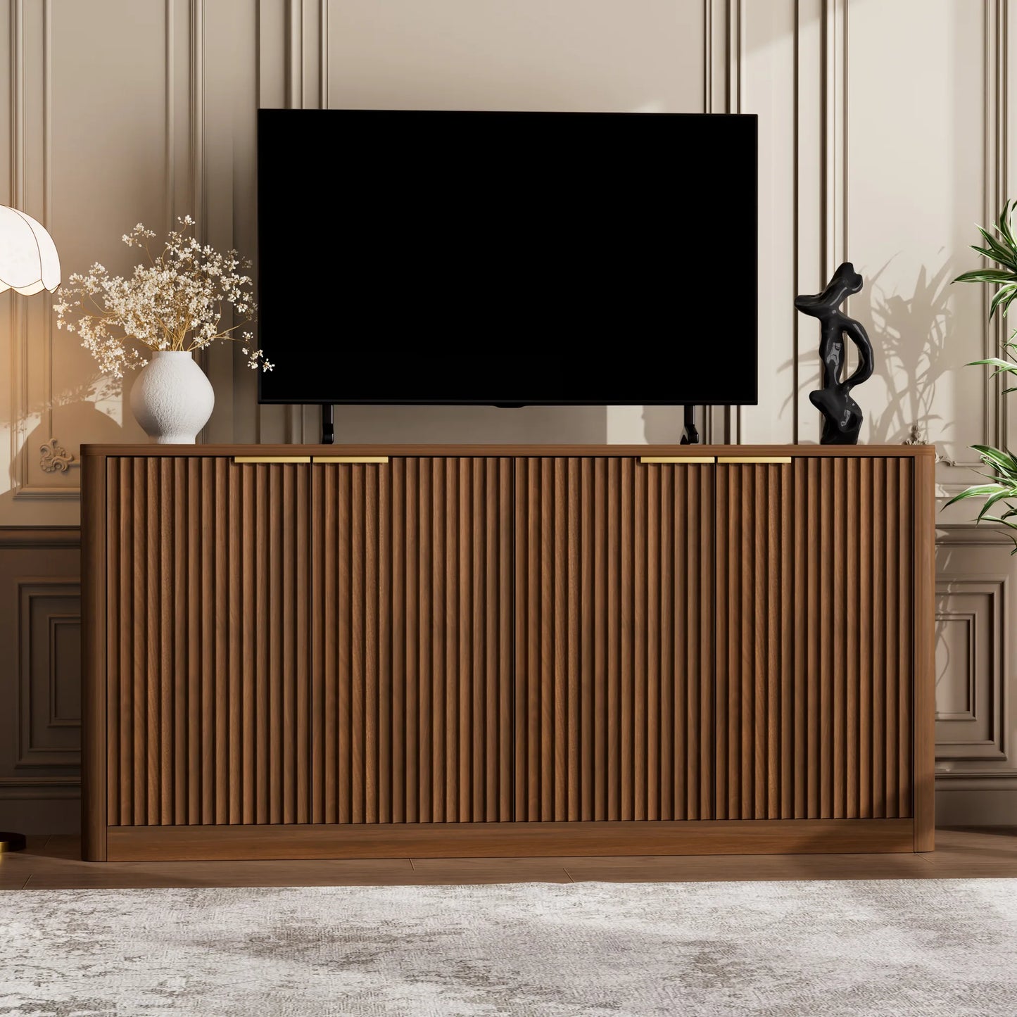 59-inch modern wavy sideboard, curved contour design storage cabinet, 4-door cabinet with storage function, suitable for kitchen/bedroom/living room, Walnut, 59.0'L x 15.7'W x 27.7'H detail view 2