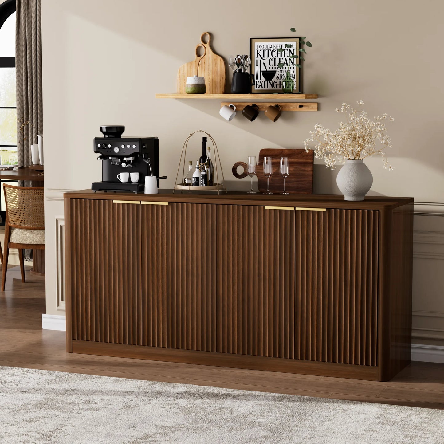 59-inch modern wavy sideboard, curved contour design storage cabinet, 4-door cabinet with storage function, suitable for kitchen/bedroom/living room, Walnut, 59.0'L x 15.7'W x 27.7'H detail view 3