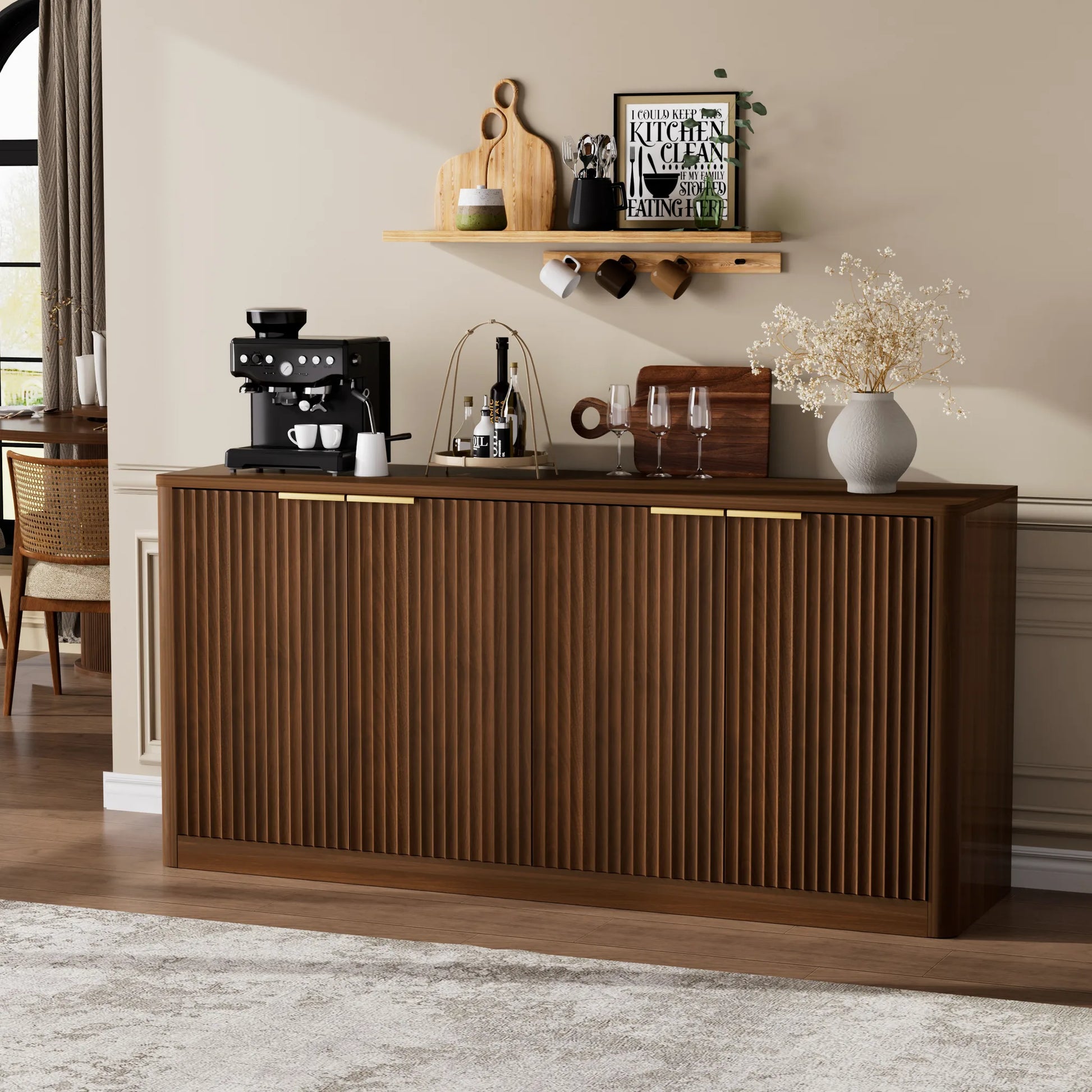 59-inch modern wavy sideboard, curved contour design storage cabinet, 4-door cabinet with storage function, suitable for kitchen/bedroom/living room, Walnut, 59.0'L x 15.7'W x 27.7'H detail view 3