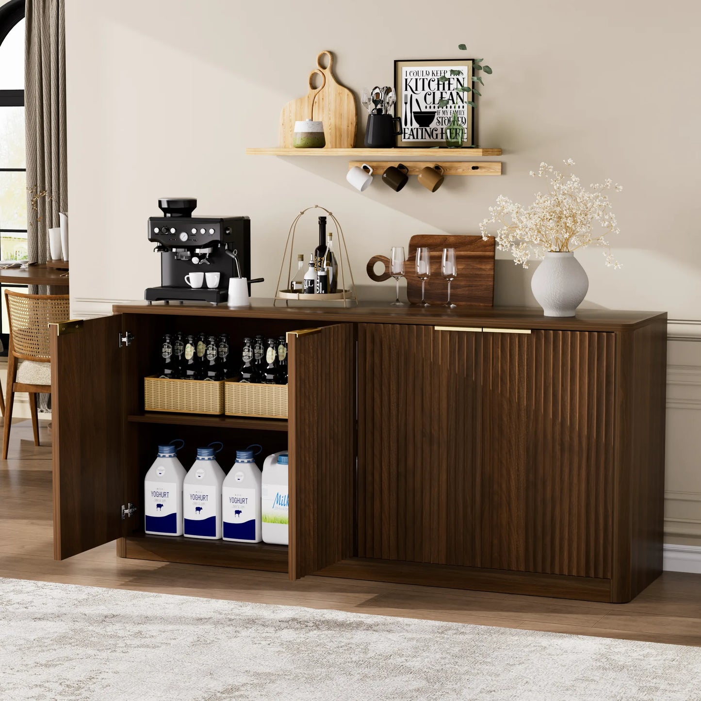 59-inch modern wavy sideboard, curved contour design storage cabinet, 4-door cabinet with storage function, suitable for kitchen/bedroom/living room, Walnut, 59.0'L x 15.7'W x 27.7'H detail view 4