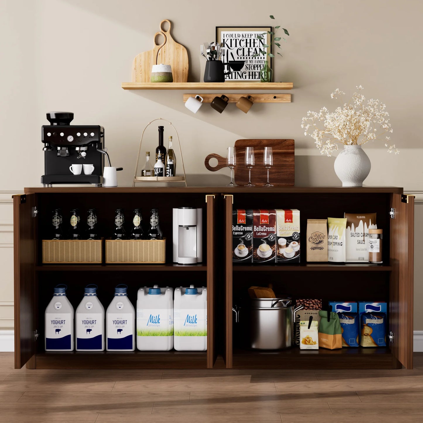 59-inch modern wavy sideboard, curved contour design storage cabinet, 4-door cabinet with storage function, suitable for kitchen/bedroom/living room, Walnut, 59.0'L x 15.7'W x 27.7'H detail view 5