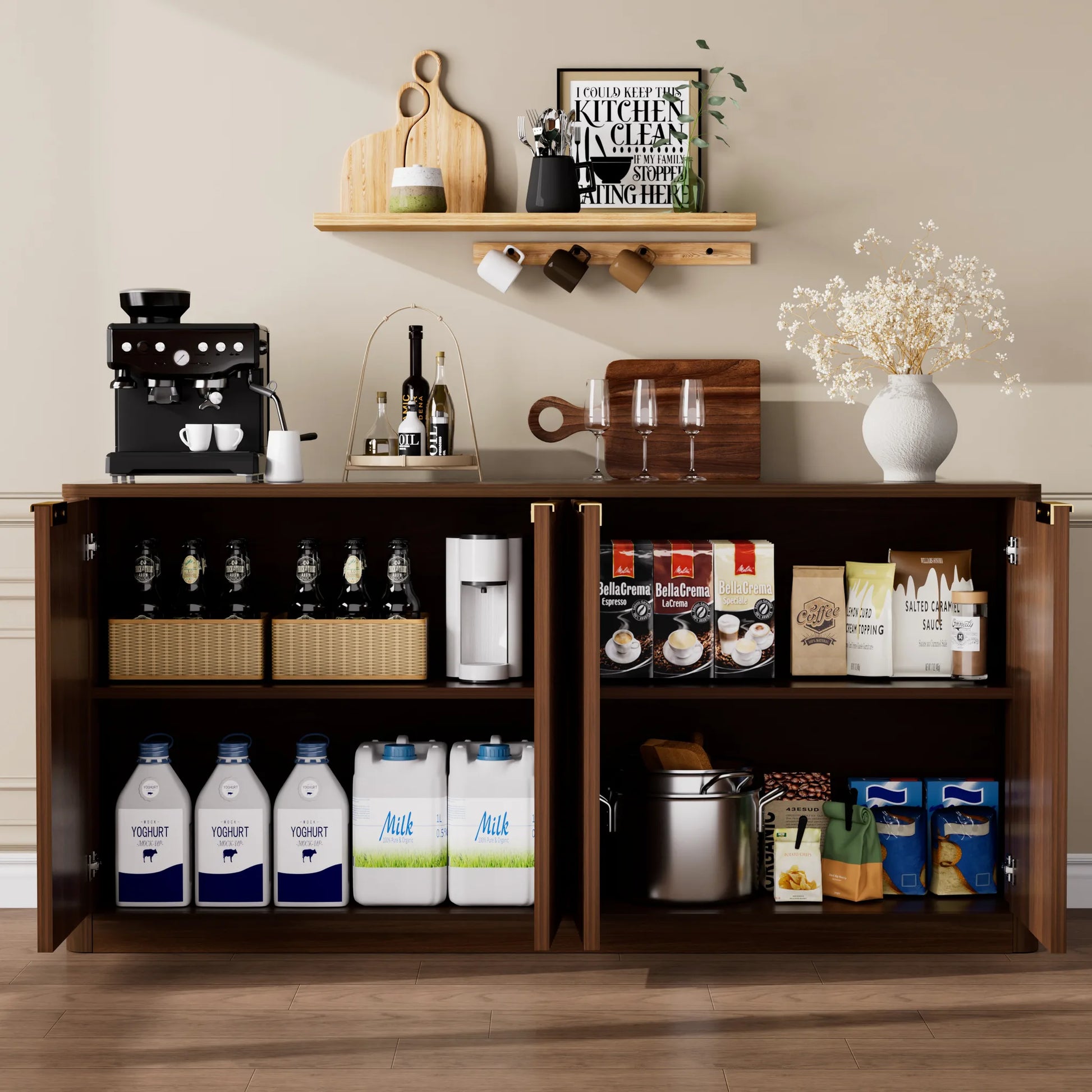 59-inch modern wavy sideboard, curved contour design storage cabinet, 4-door cabinet with storage function, suitable for kitchen/bedroom/living room, Walnut, 59.0'L x 15.7'W x 27.7'H detail view 5
