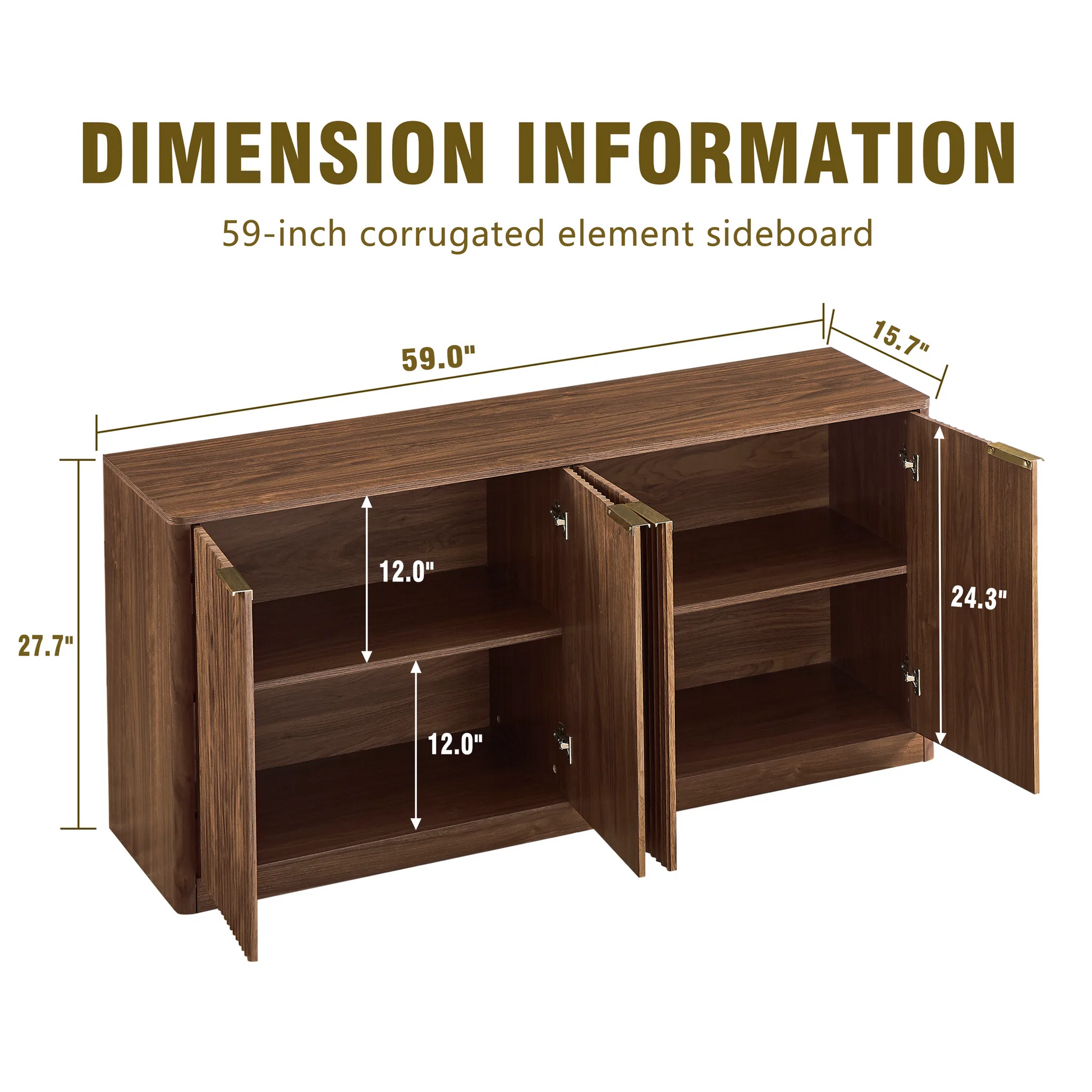 59-inch modern wavy sideboard, curved contour design storage cabinet, 4-door cabinet with storage function, suitable for kitchen/bedroom/living room, Walnut, 59.0'L x 15.7'W x 27.7'H detail view 6