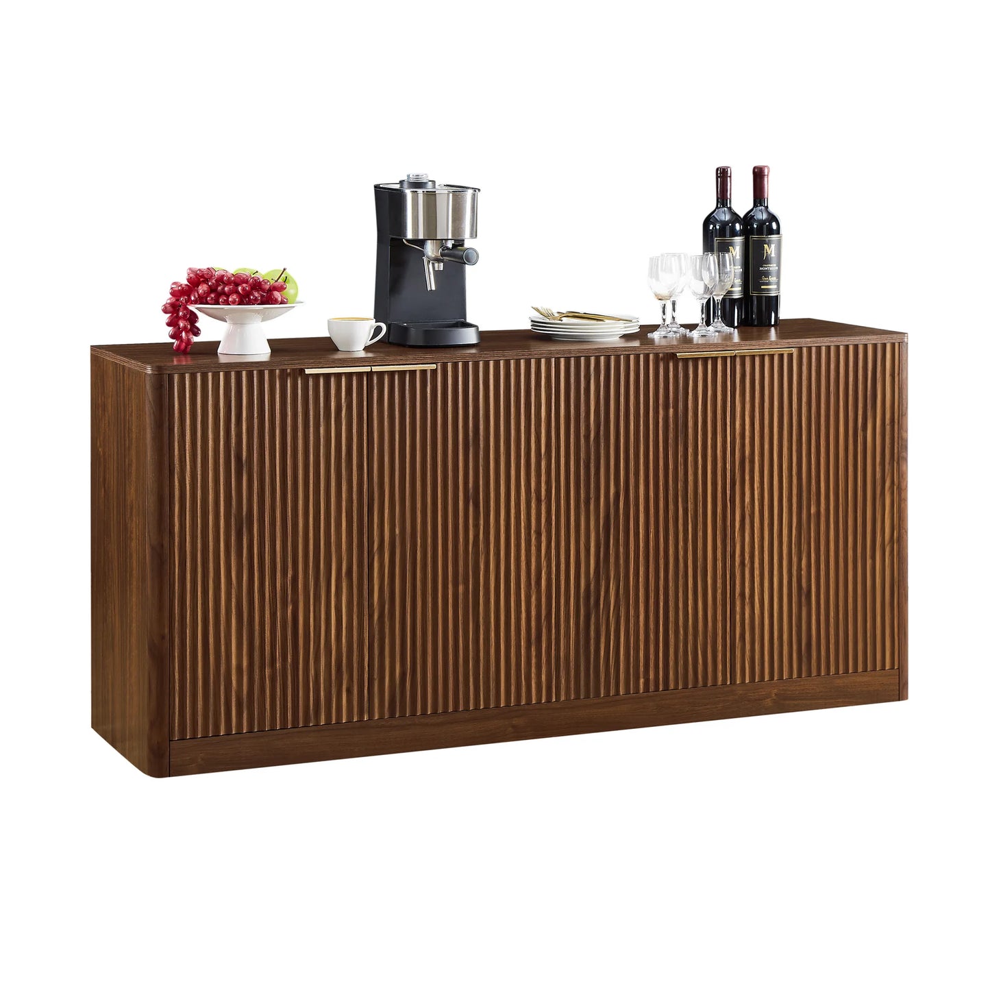 59-inch modern wavy sideboard, curved contour design storage cabinet, 4-door cabinet with storage function, suitable for kitchen/bedroom/living room, Walnut, 59.0'L x 15.7'W x 27.7'H detail view 7