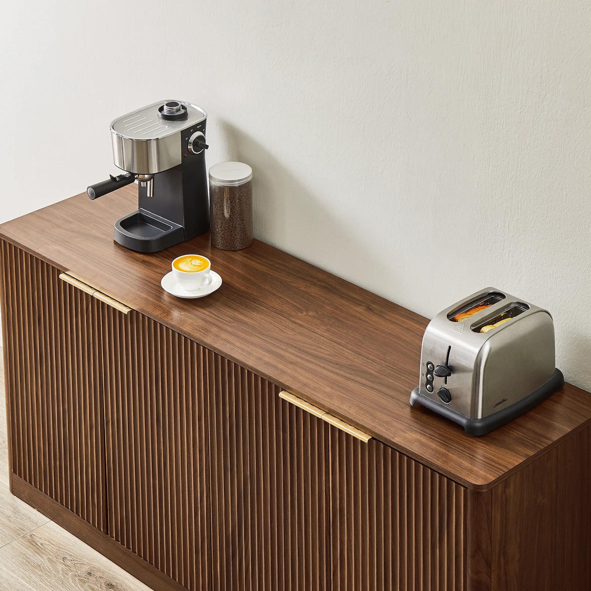 59-inch modern wavy sideboard, curved contour design storage cabinet, 4-door cabinet with storage function, suitable for kitchen/bedroom/living room, Walnut, 59.0'L x 15.7'W x 27.7'H detail view 12