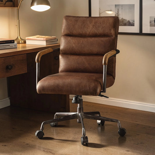 Harith Retro Brown Top Grain Leather Office Chair with Adjustable Height and Swivel Seat lifestyle view